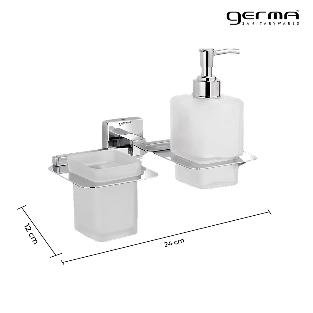 Germa Sanitarywares 304 Grade Stainless Steel Liquid Soap Dispenser with Tumbler Holder for Bathroom | 2 in 1 | Shampoo Dispenser | Tooth Brush Holder | Bathroom Accessories (Chrome) - TR 9155 Tumbler Holder + Liquid Soap Dispenser(Glass)