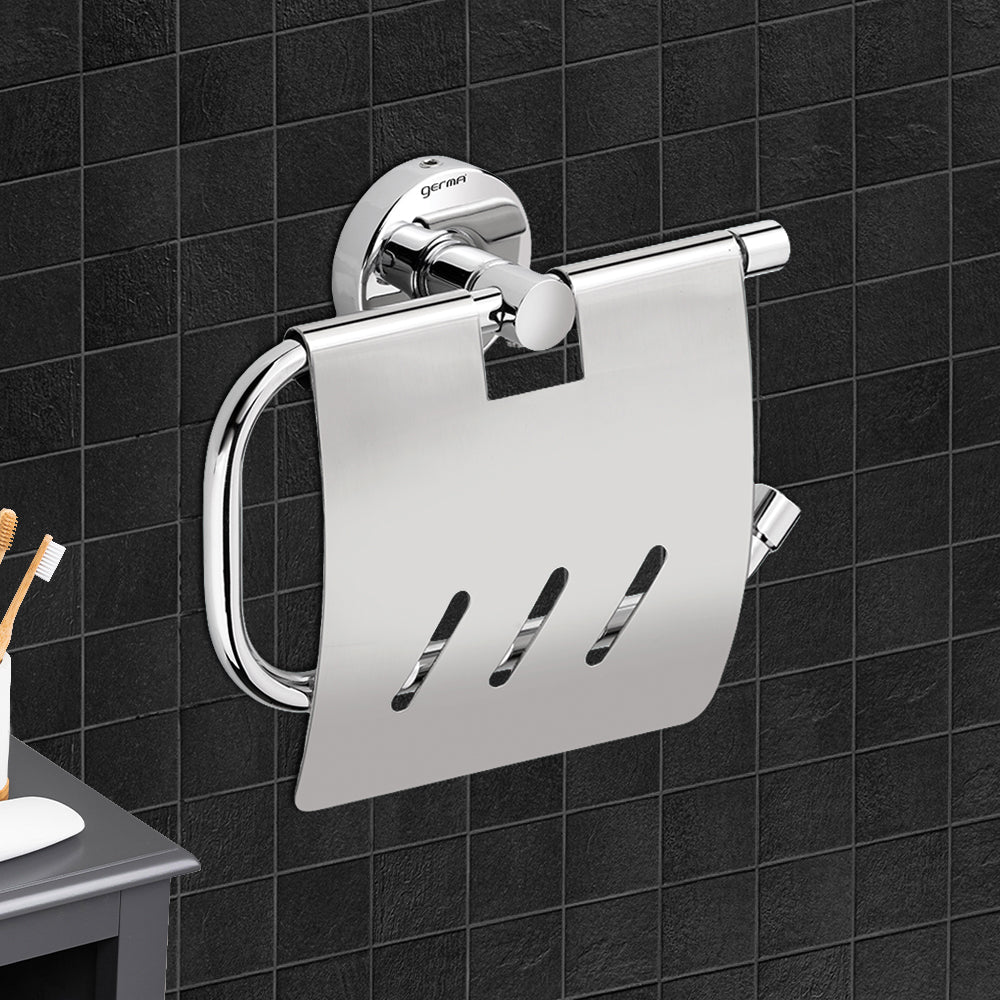 Germa Sanitarywares 304 Stainless Steel Toilet Paper Holder with Flap Guard for Bathroom | Tissue Paper Roll Holder | Toilet Tissue Paper Holder | Paper Bundle Holder | Bathroom Accessories (Chrome) - TR 9128 Paper Holder With Flap Guard