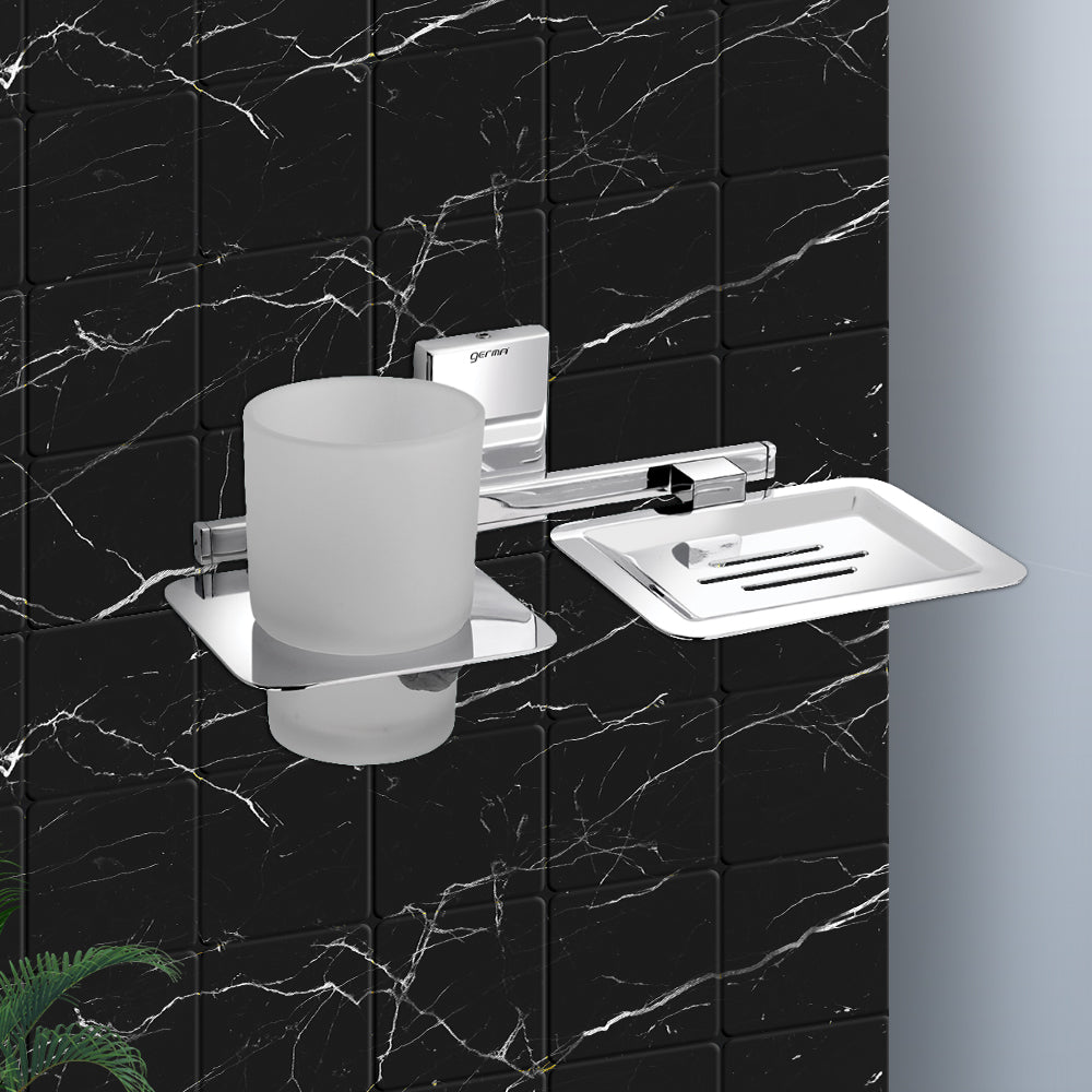 Germa Sanitarywares 304 Stainless Steel Soap Dish with Tumbler Holder for Bathroom | 2 in 1 Soap Holder with Tumbler Holder | Soap Dish | Tumbler Holder | Bathroom Accessories (Chrome) - TR 9110 Soap Dish + Tumbler Holder