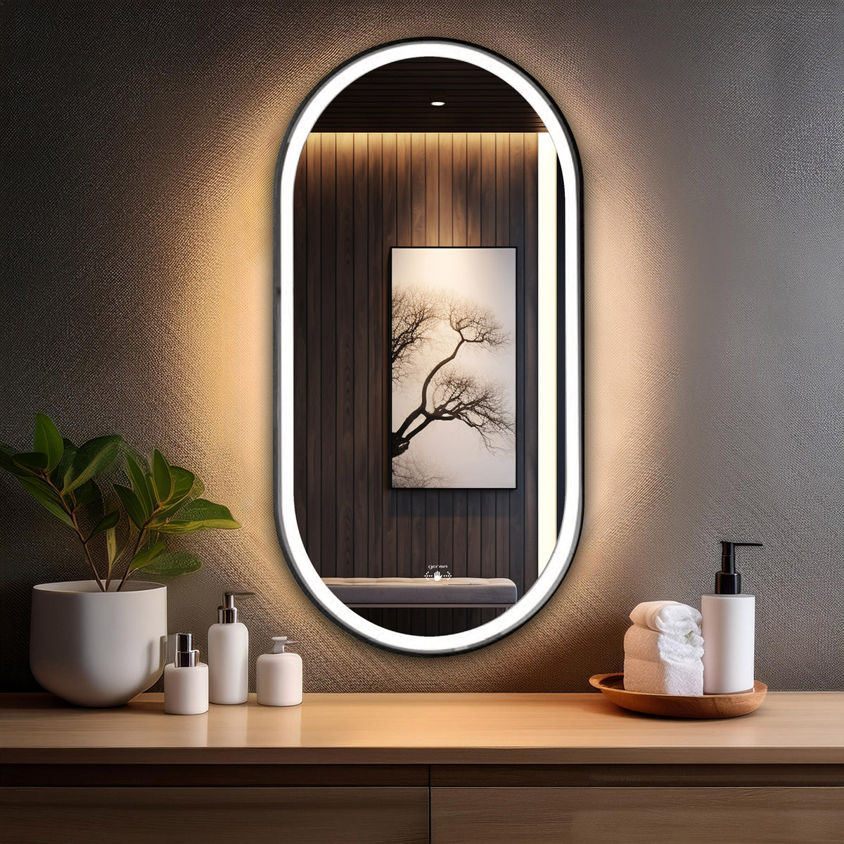 Aluminum Frame Led Mirror 3Light Dimmer with Wave Sensor - Capsule Shape 90cm x 45cm - TR LED 148