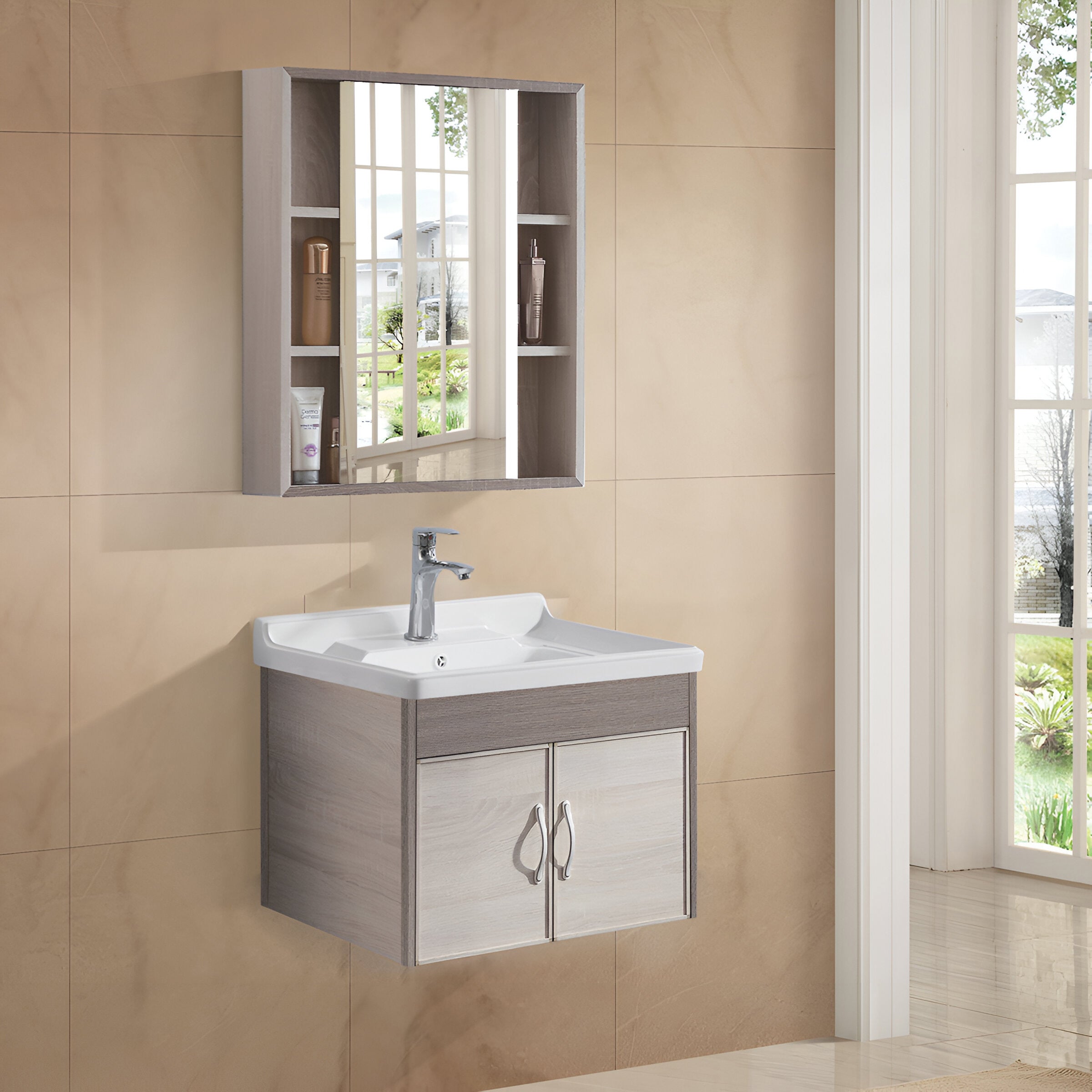 Carbon Fiber Vanity Cabinet with Mirror - Shady Beige