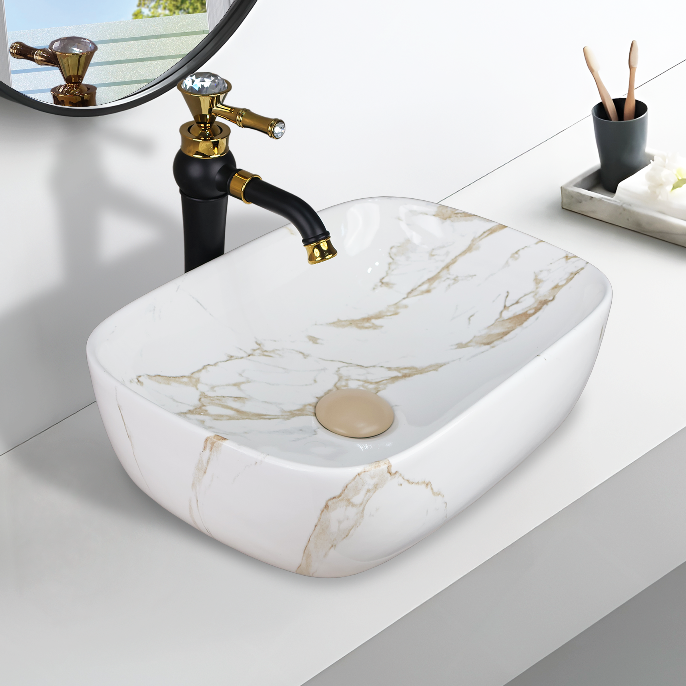 Germa Designer Wash Basin For Bathroom |Ceramic Table Top Wash Basin| Counter Top Basin For Restaurants,Living Room |45.5x32x14cm|Rectangle Shape