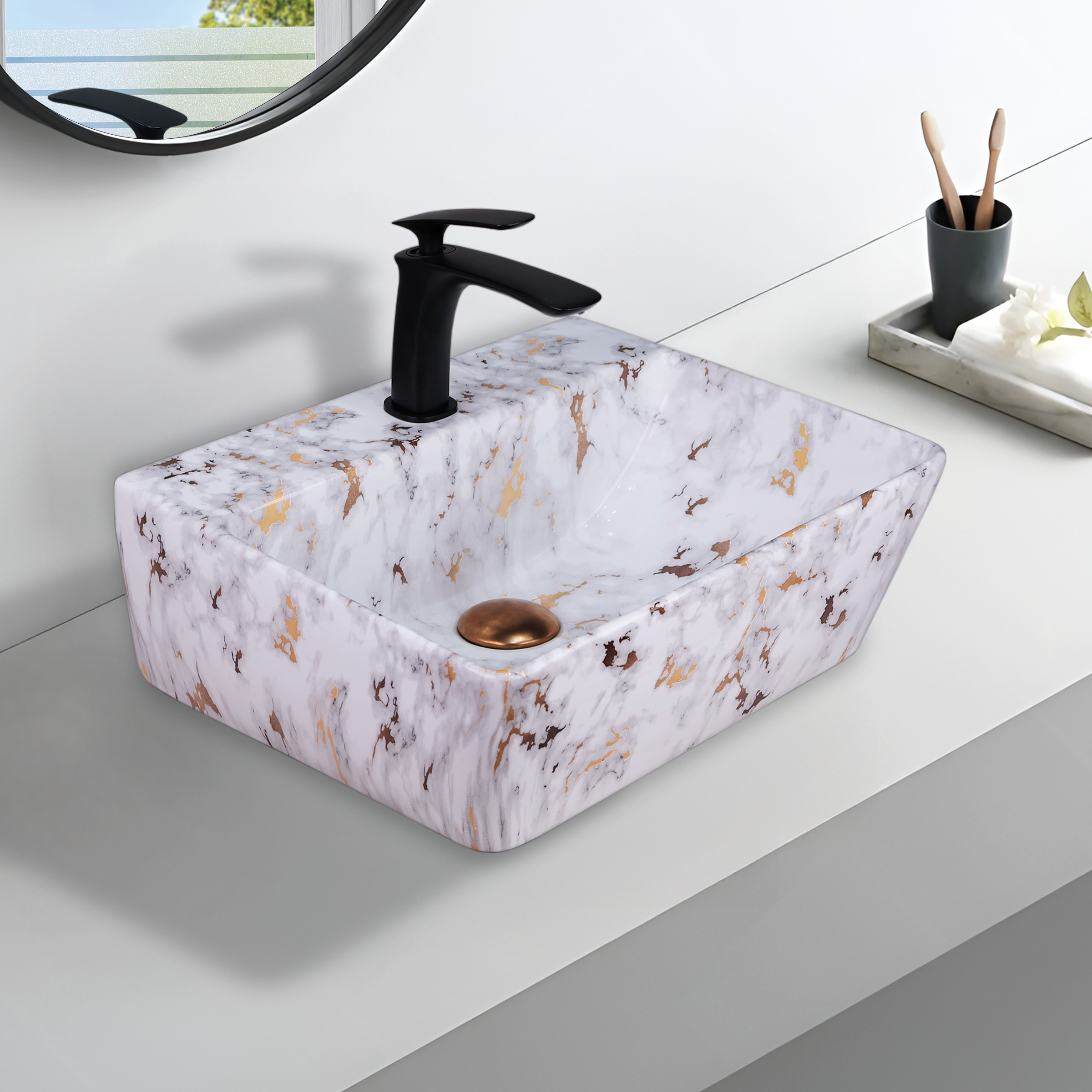 Germa Designer Wash Basin For Bathroom | Ceramic Table Top Wash Basin | Counter Top Wash Basin For Restaurants, Home Living Room |46x36x16cm| Rectangle Shape