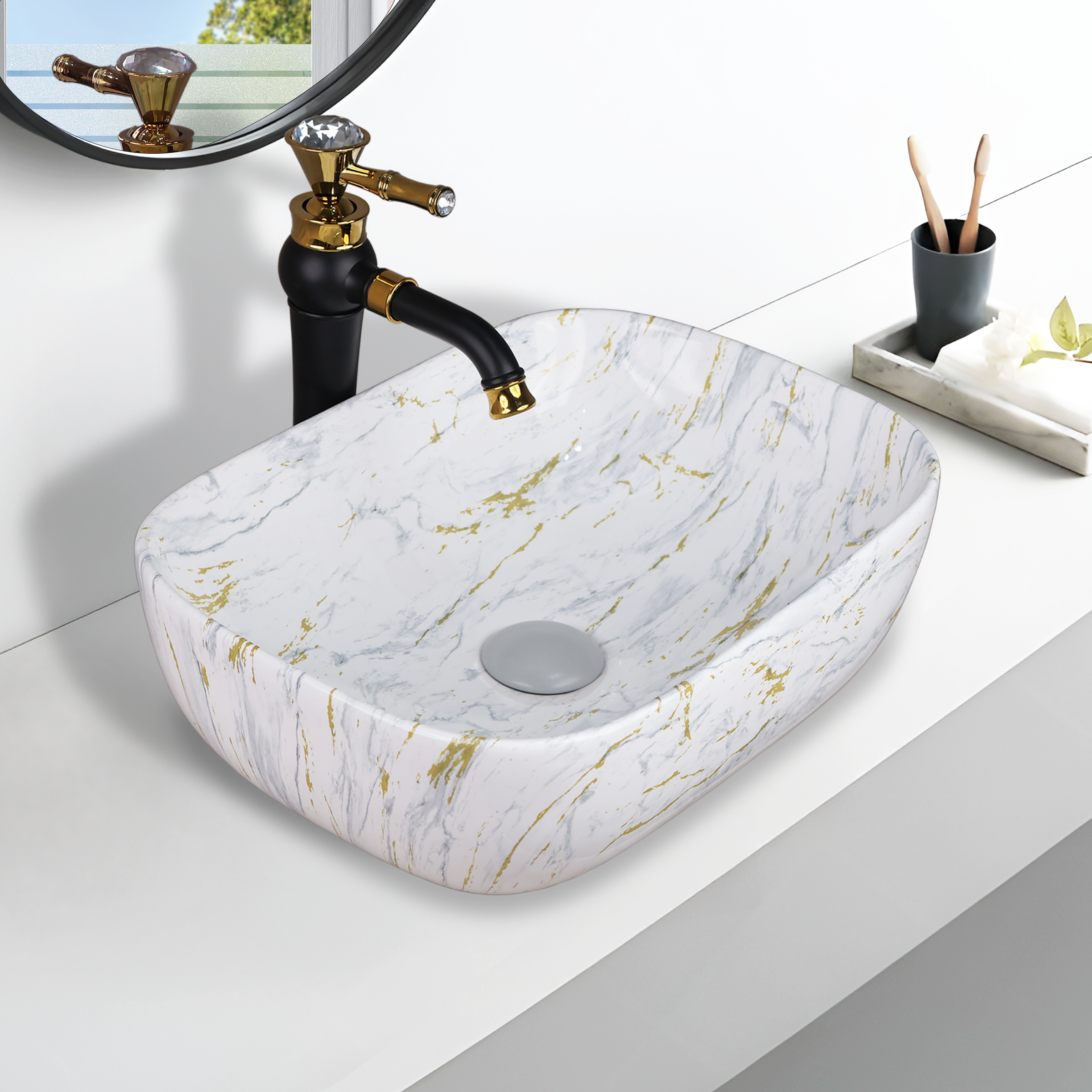 Germa Designer Wash Basin For Bathroom |Ceramic Table Top Wash Basin| Counter Top Basin For Restaurants,Living Room |45.5x32x14cm|Rectangle Shape