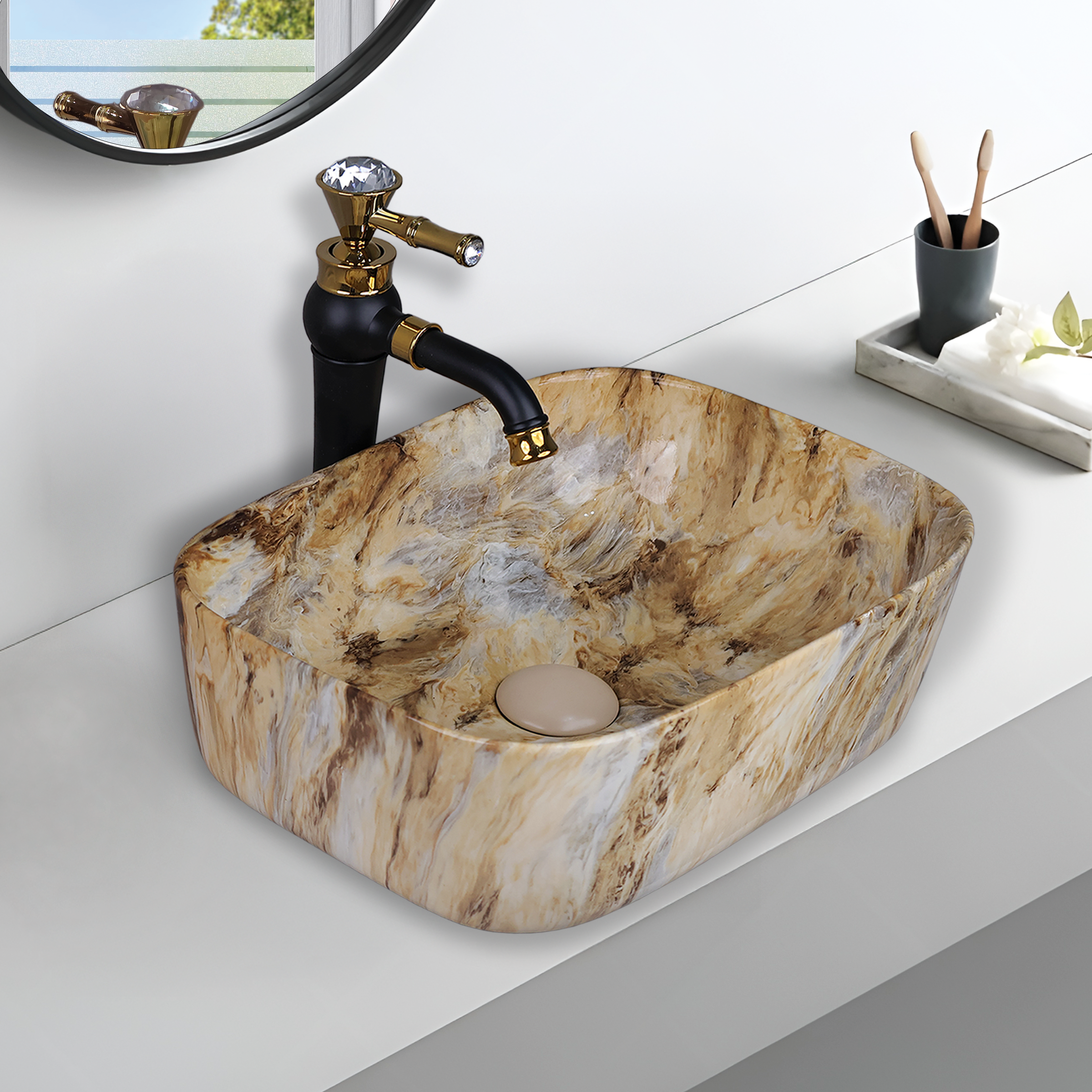 Designer Wash Basin For Bathroom | Ceramic Table Top Wash Basin | Counter Top Wash Basin For Restaurants, Home Living Room |41x31x14cm| Rectangle Shape