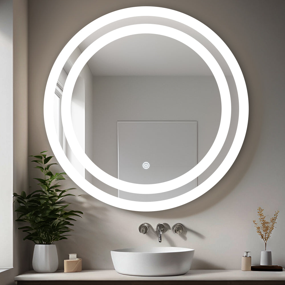 Germa Dual Line LED Mirror for Bathroom with 3Lights Color Tone and Touch Sensor/Designer Mirror for Living&Bed Room/Dimmable and Memory Function Wall Mirror–Round Shape 24x24Inch