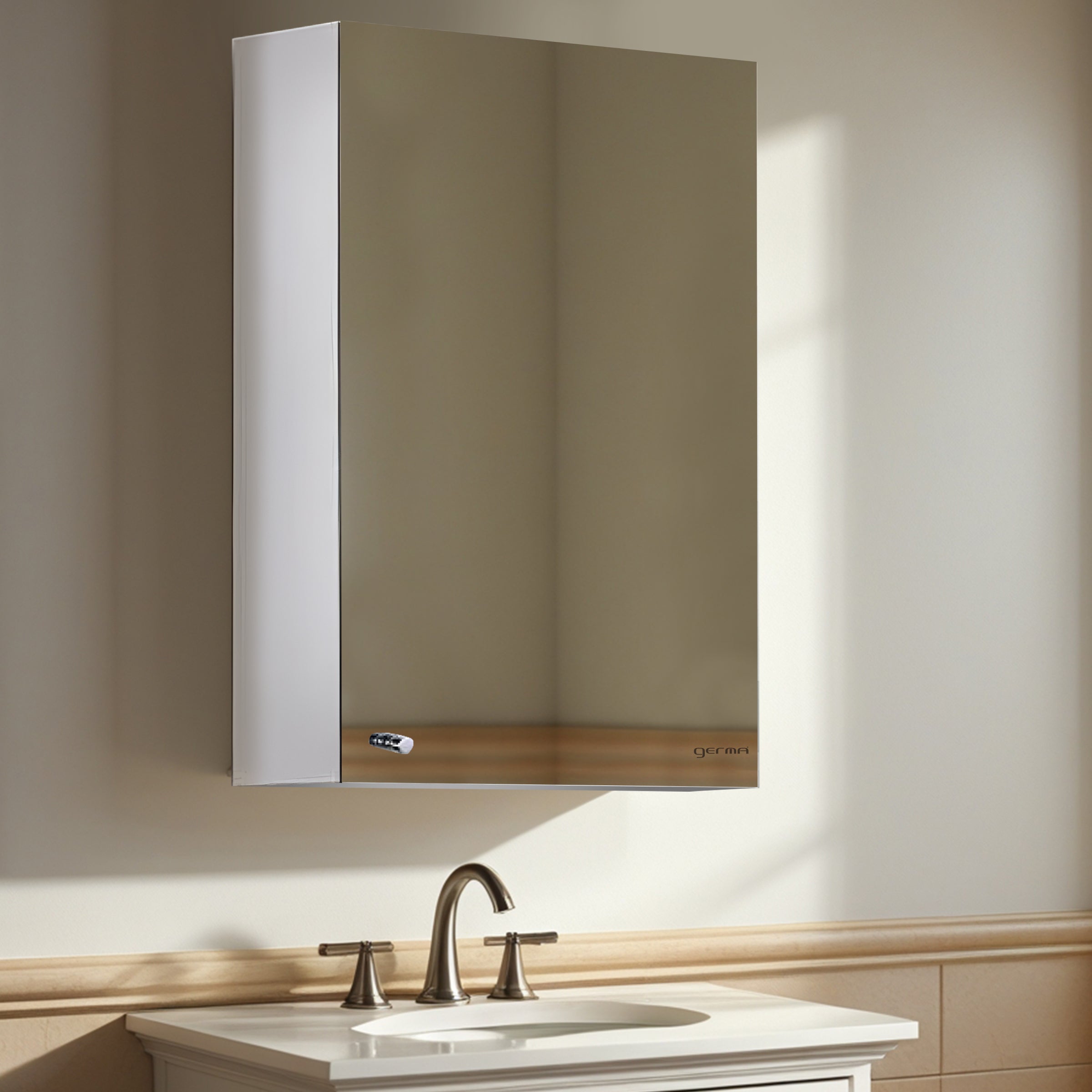 Germa Sanitaryware Premium 304 Grade Stainless Steel Bathroom Mirror Cabinet with Storage | Sleek Wall-Mounted Medicine Mirror Cabinet | Shelf with Mirror | Bathroom Organiser Chrome (12x18 Inch)