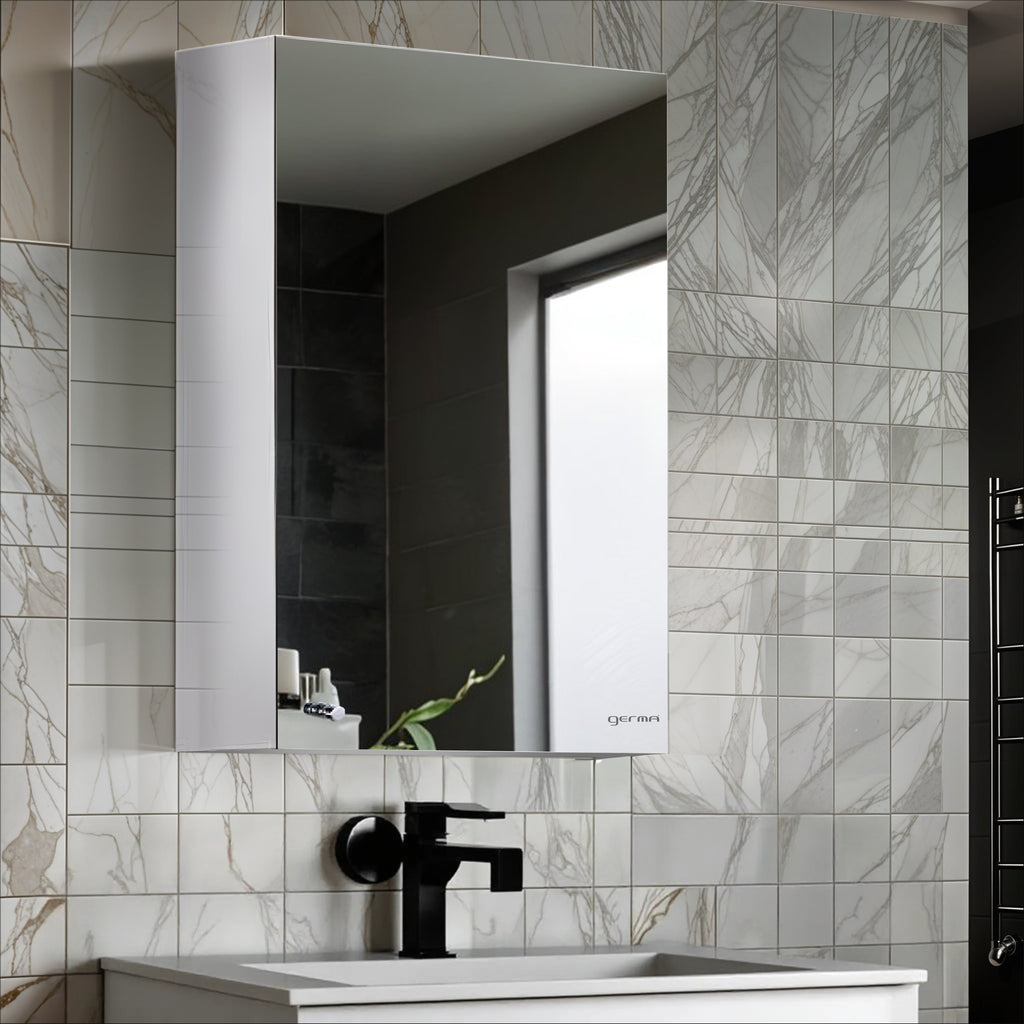 Germa Sanitarywares Premium 304 Grade Stainless Steel Bathroom Mirror Cabinet with Storage | Sleek Wall-Mounted Medicine Mirror Cabinet | Shelf with Mirror | Bathroom Organiser Chrome (10x16 Inch)