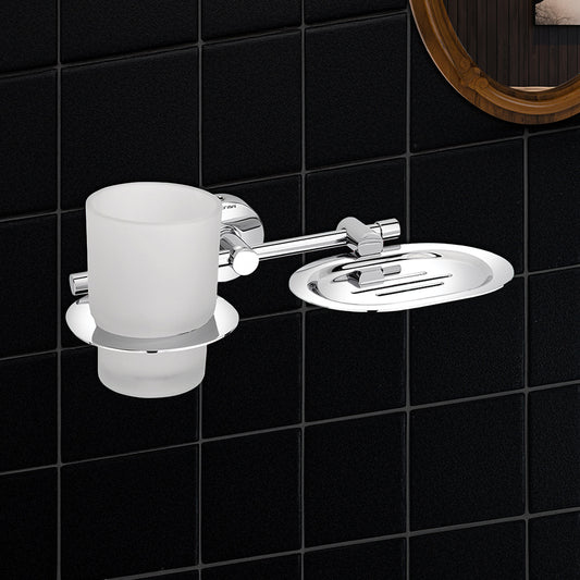 304 Stainless Steel Soap Dish with Tumbler Holder for Bathroom | 2 in 1 Soap Dish with Tumbler Holder | Soap Dish | Tumbler Holder | Bathroom Accessories (Chrome) - TR 9130 Soap Dish + Tumbler Holder (Glass)