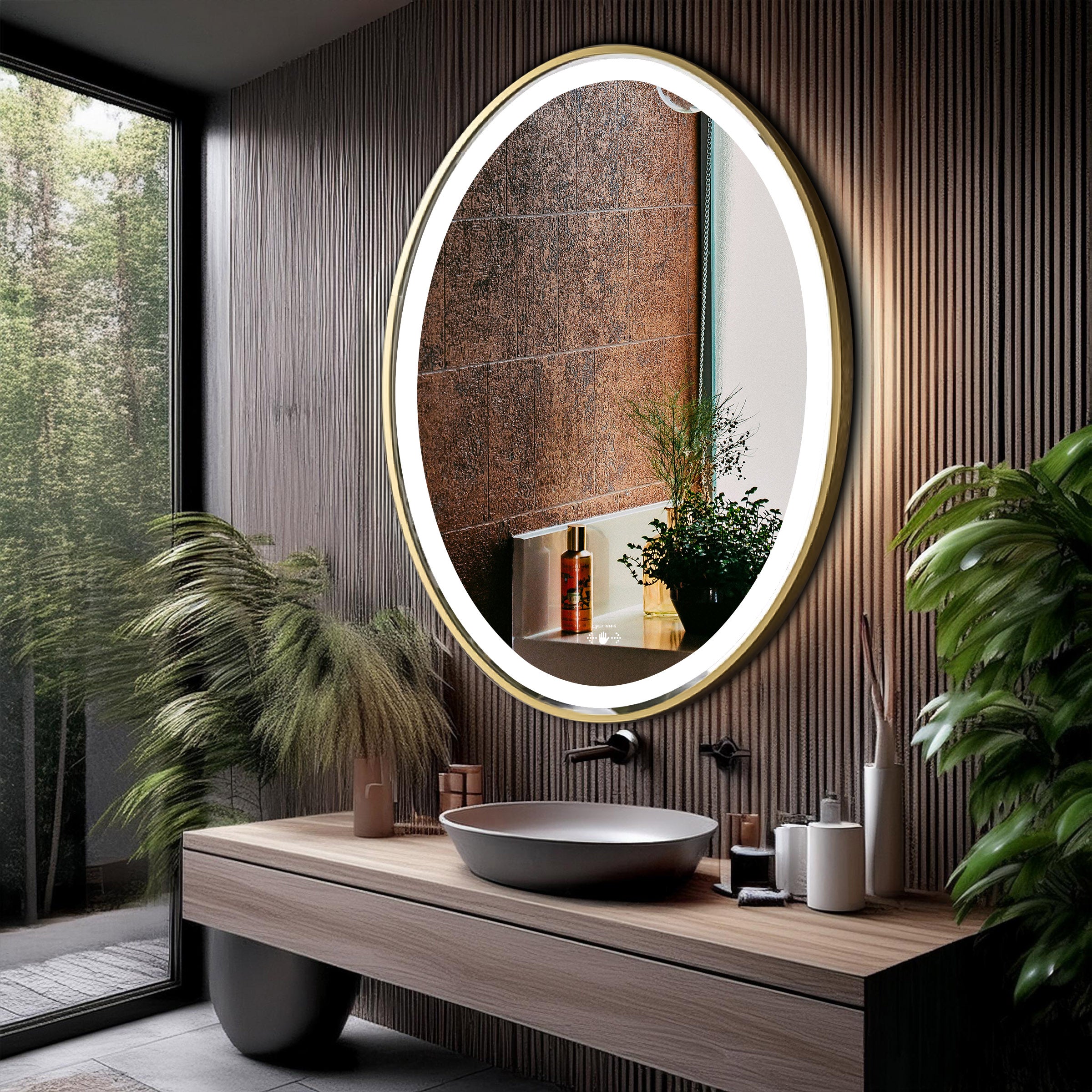 Led Mirror with Aluminum Gold Frame - TR LED 144 Gold Smart Wave Switch (70x50cm) Oval Shape