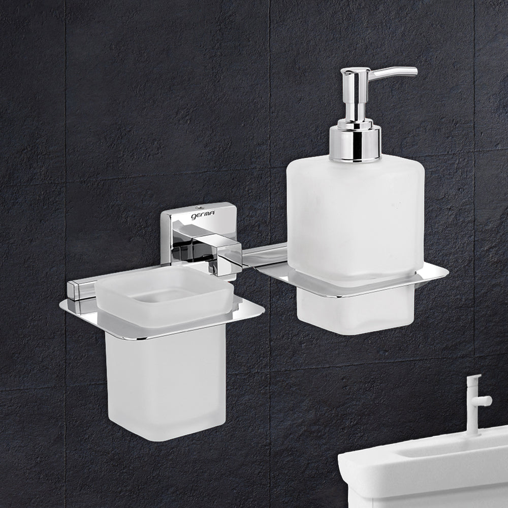 Germa Sanitarywares 304 Grade Stainless Steel Liquid Soap Dispenser with Tumbler Holder for Bathroom | 2 in 1 | Shampoo Dispenser | Tooth Brush Holder | Bathroom Accessories (Chrome) - TR 9155 Tumbler Holder + Liquid Soap Dispenser(Glass)