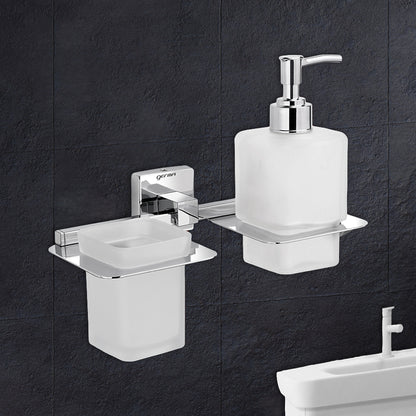 Germa Sanitarywares 304 Grade Stainless Steel Liquid Soap Dispenser with Tumbler Holder for Bathroom | 2 in 1 | Shampoo Dispenser | Tooth Brush Holder | Bathroom Accessories (Chrome) - TR 9155 Tumbler Holder + Liquid Soap Dispenser(Glass)