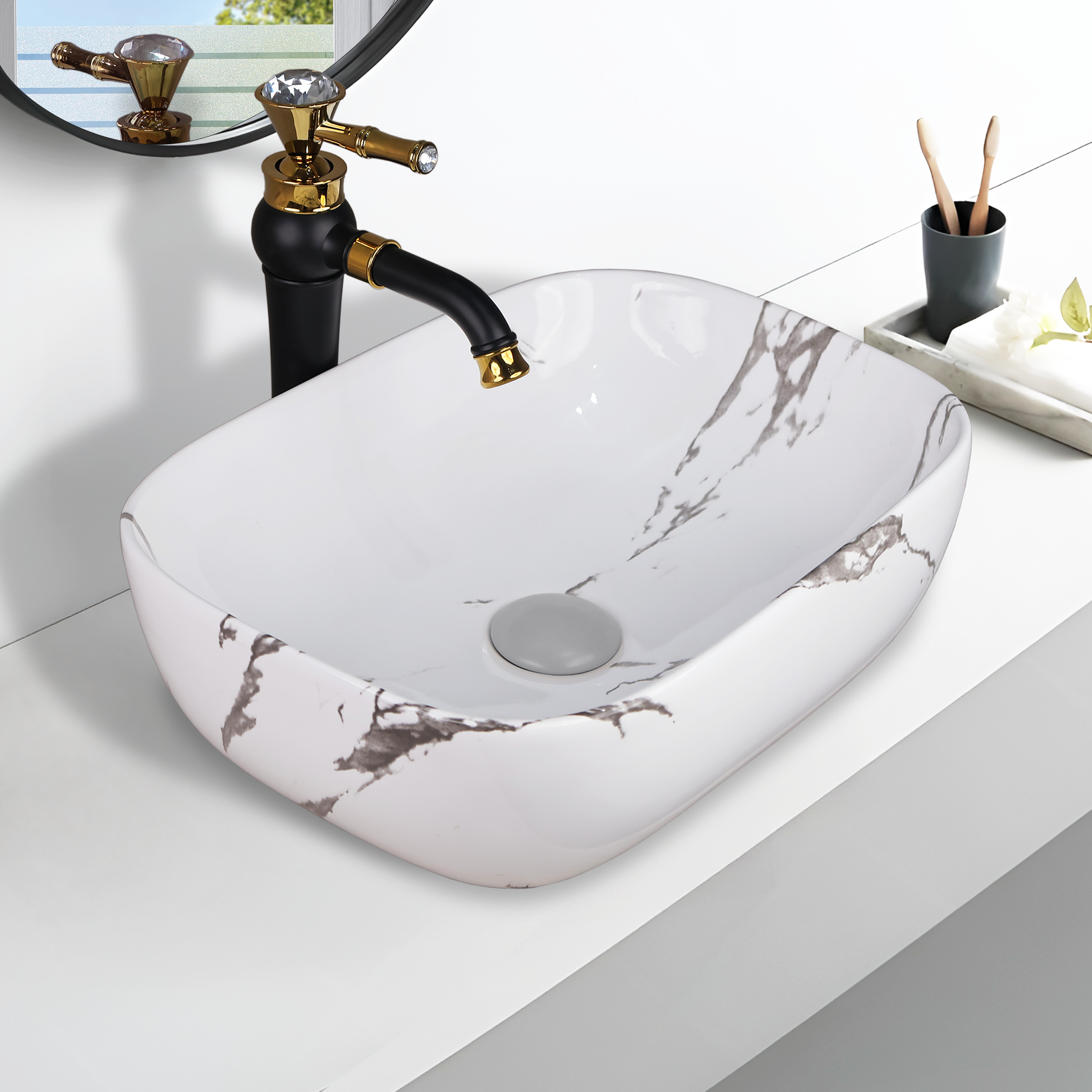 Germa Designer Wash Basin For Bathroom |Ceramic Table Top Wash Basin| Counter Top Basin For Restaurants,Living Room |45.5x32x14cm|Rectangle Shape