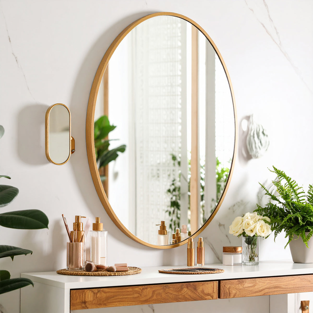 Germa Aluminium Brushed Framed Mirror for Bathroom | Wall Mounted Shatter Proof | Decorative HD Vanity Mirror for Bathroom | Living | Bed Room | Oval Shape (18x24)