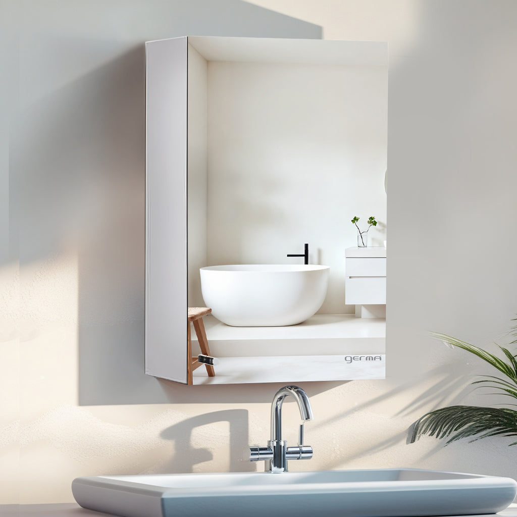 Germa Sanitarywares Premium 304 Grade Stainless Steel Bathroom Mirror Cabinet with Storage | Sleek Wall-Mounted Medicine Mirror Cabinet | Shelf with Mirror | Bathroom Organiser Chrome (14x20inch)