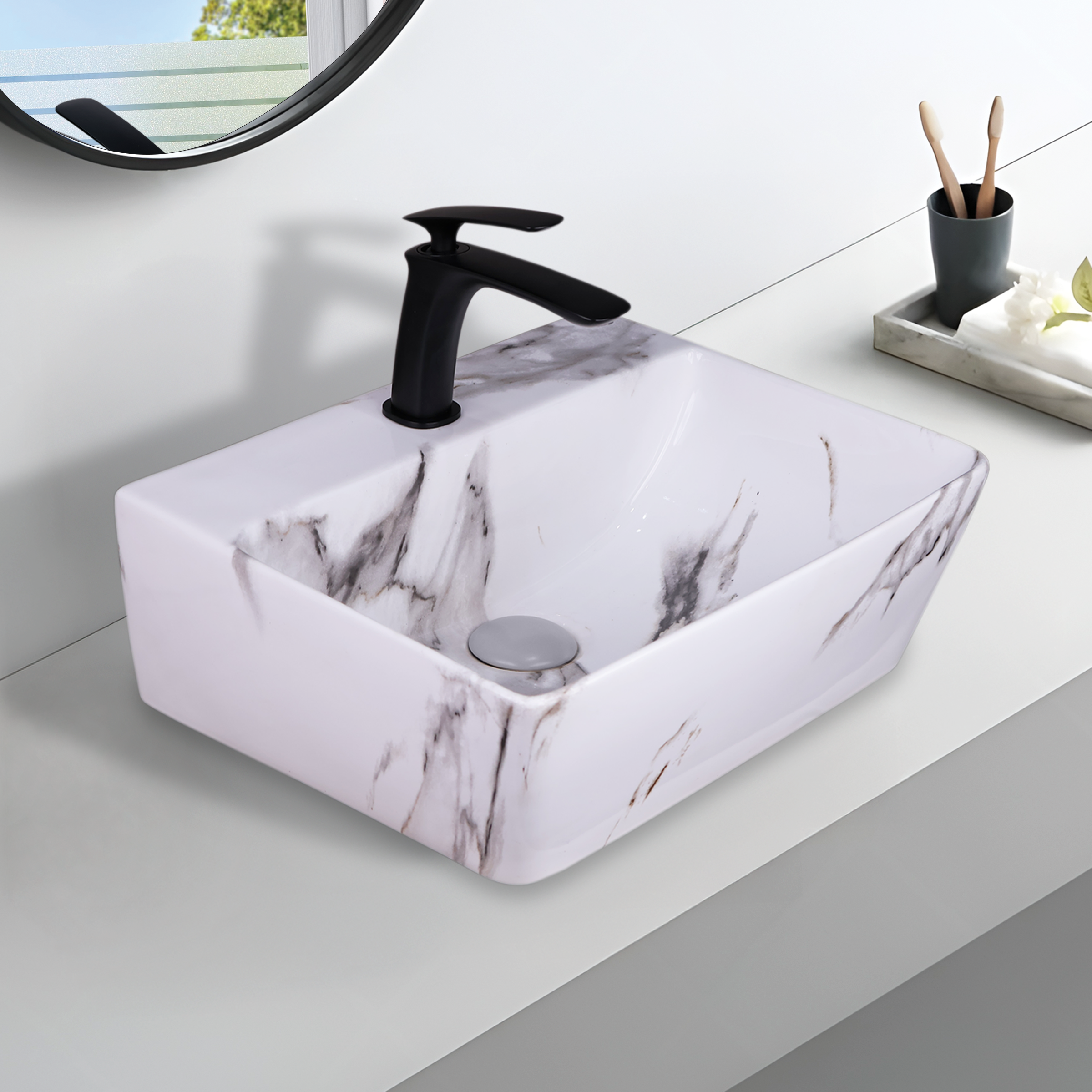 Germa Designer Wash Basin For Bathroom | Ceramic Table Top Wash Basin | Counter Top Wash Basin For Restaurants, Home Living Room |46x36x16cm| Rectangle Shape