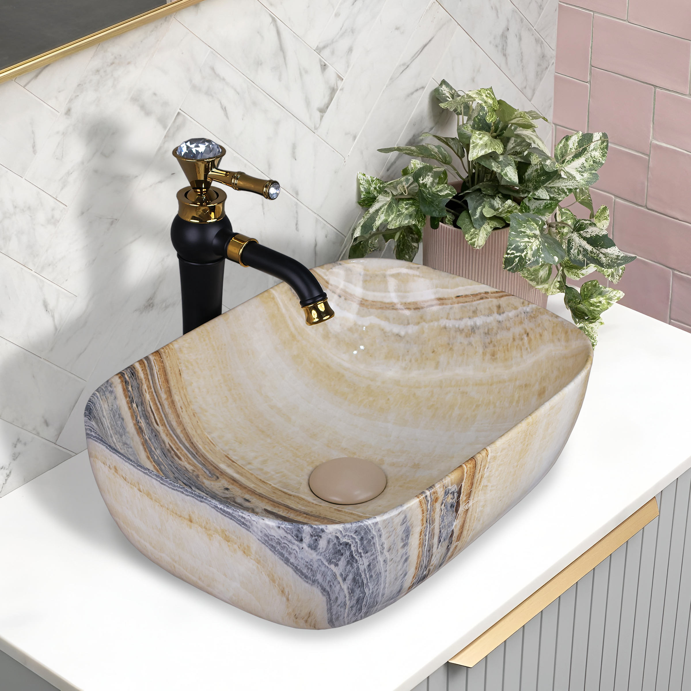 Germa Designer Wash Basin For Bathroom |Ceramic Table Top Wash Basin| Counter Top Basin For Restaurants,Living Room |45.5x32x14cm|Rectangle Shape