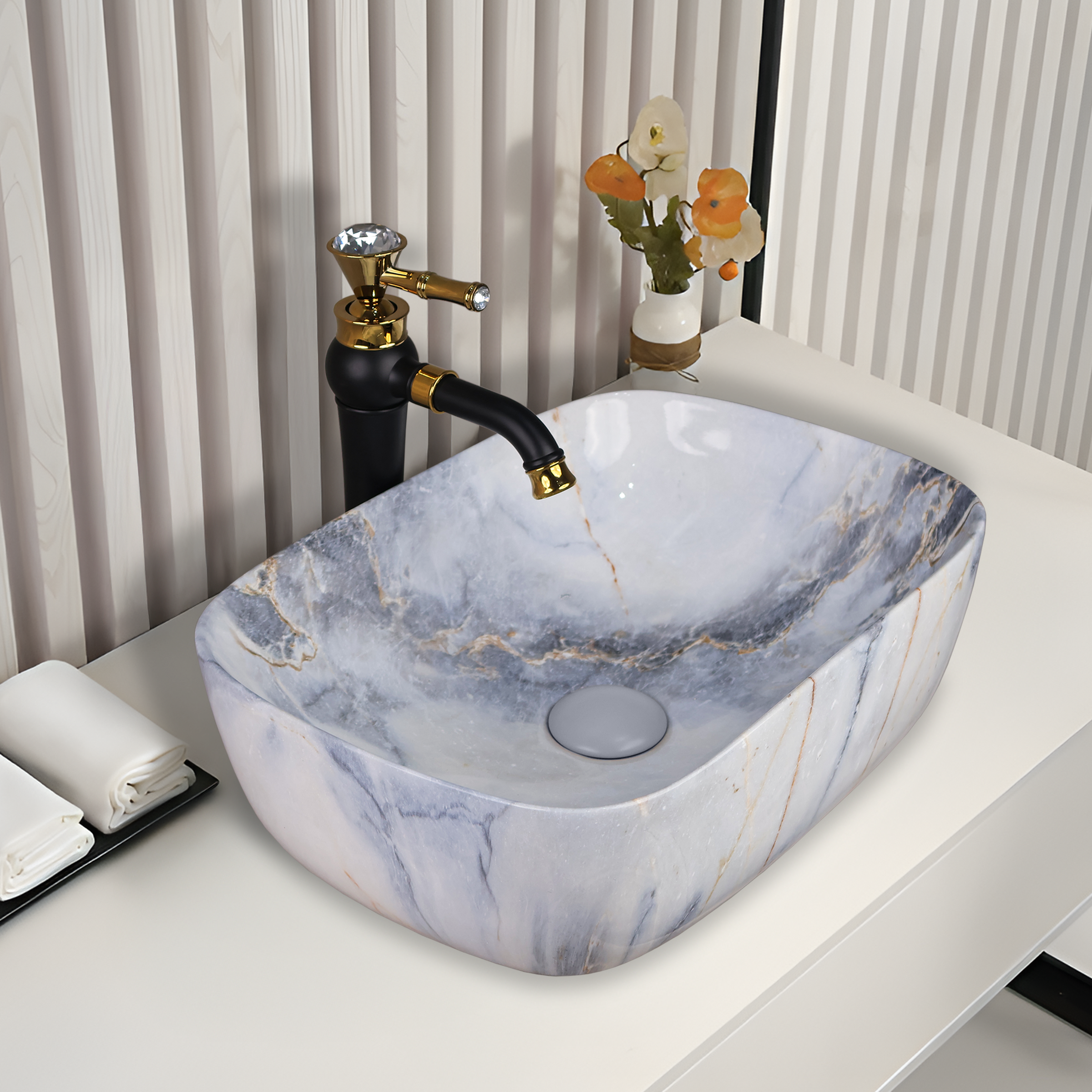 Germa Designer Wash Basin For Bathroom |Ceramic Table Top Wash Basin| Counter Top Basin For Restaurants,Living Room |45.5x32x14cm|Rectangle Shape