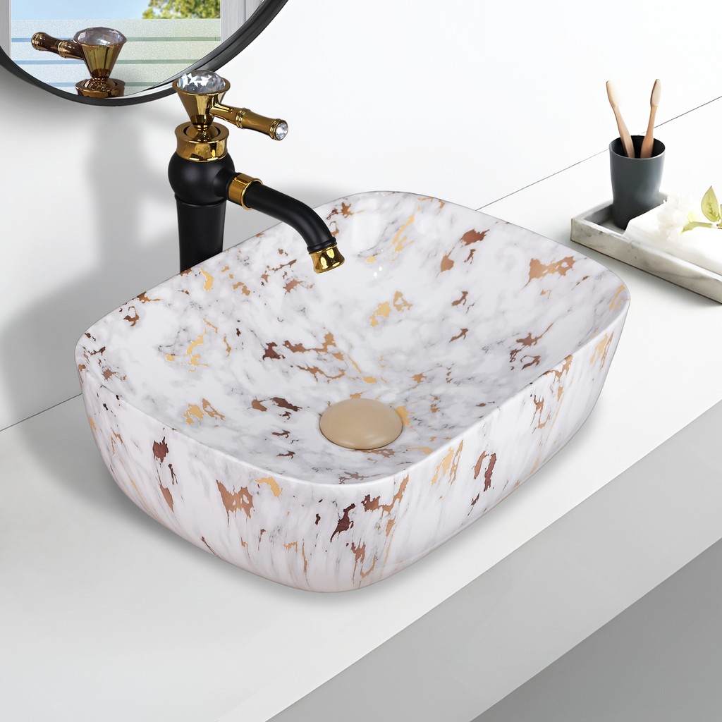 Germa Designer Wash Basin For Bathroom |Ceramic Table Top Wash Basin| Counter Top Basin For Restaurants,Living Room |45.5x32x14cm|Rectangle Shape