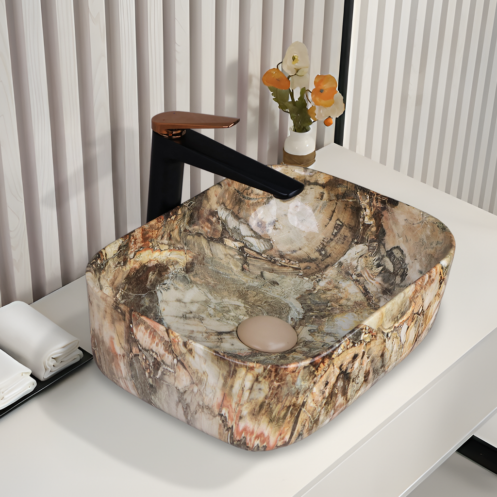 Designer Wash Basin For Bathroom | Ceramic Table Top Wash Basin | Counter Top Wash Basin For Restaurants, Home Living Room |41x31x14cm| Rectangle Shape