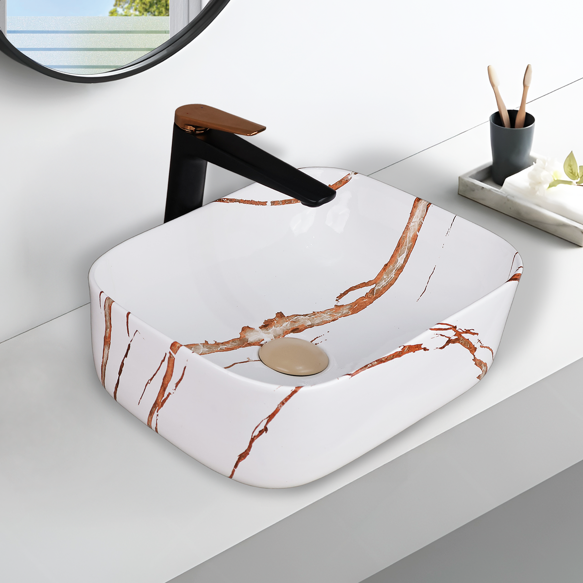 Designer Wash Basin For Bathroom | Ceramic Table Top Wash Basin | Counter Top Wash Basin For Restaurants, Home Living Room |41x31x14cm| Rectangle Shape