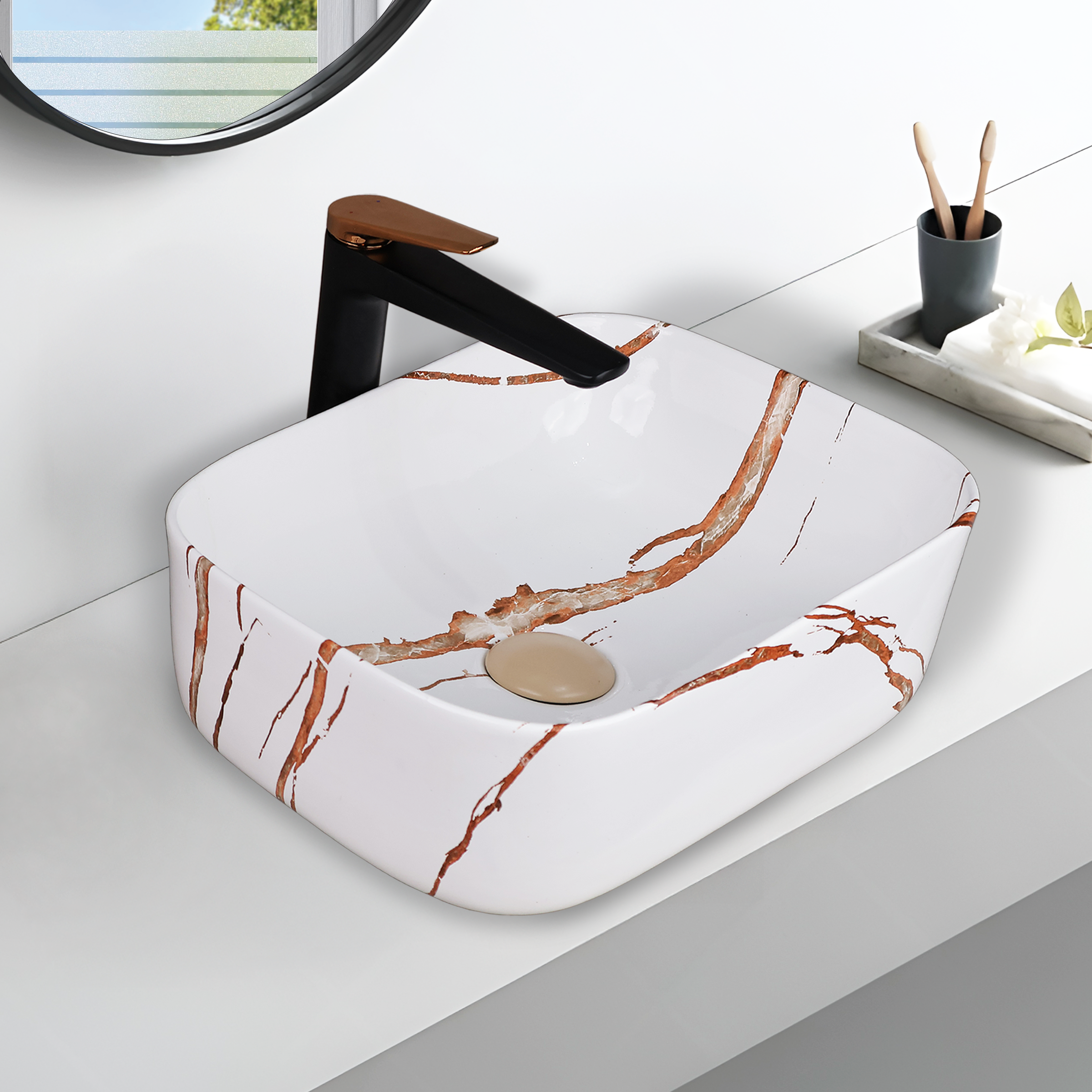 Designer Wash Basin For Bathroom | Ceramic Table Top Wash Basin | Counter Top Wash Basin For Restaurants, Home Living Room |41x31x14cm| Rectangle Shape