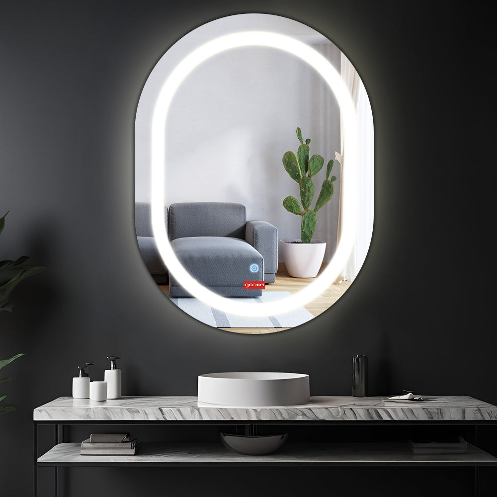 Germa LED Mirror for Bathroom with 3Lights Color Tone and Touch Sensor/Designer Mirror for Living & Bed Room/Dimmable and Memory Function Wall Mirror–Oval Capsule Shape(18x24Inch) - TR LED 7572