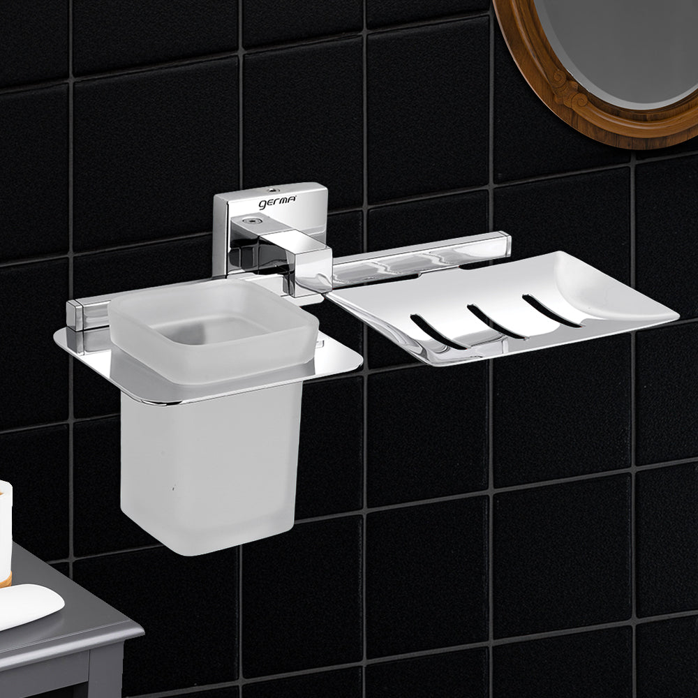 Germa Sanitarywares 304 Stainless Steel Soap Dish with Tumbler Holder for Bathroom | 2 in 1 Soap Holder with Tumbler Holder | Tumbler Holder | Soap Dish | Bathroom Accessories (Chrome) - TR 9130 Soap Dish + Tumbler Holder (Glass)