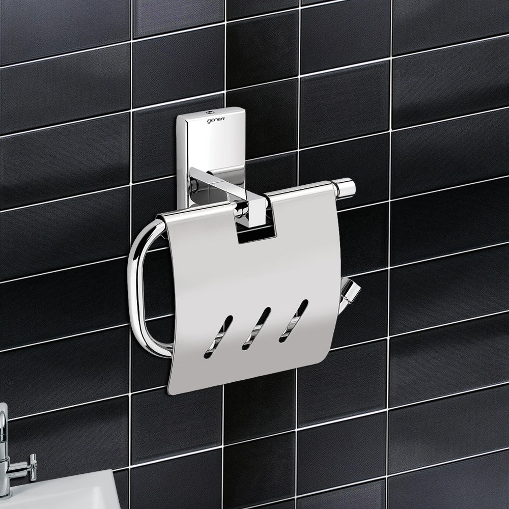 Germa Sanitarywares 304 Stainless Steel Toilet Paper Holder with Flap Guard for Bathroom | Toilet Tissue Paper Holder | Tissue Paper Bundle Holder | Paper Roll Holder | Bathroom Accessories (Chrome) - TR 9108 Paper Holder With Flap Guard