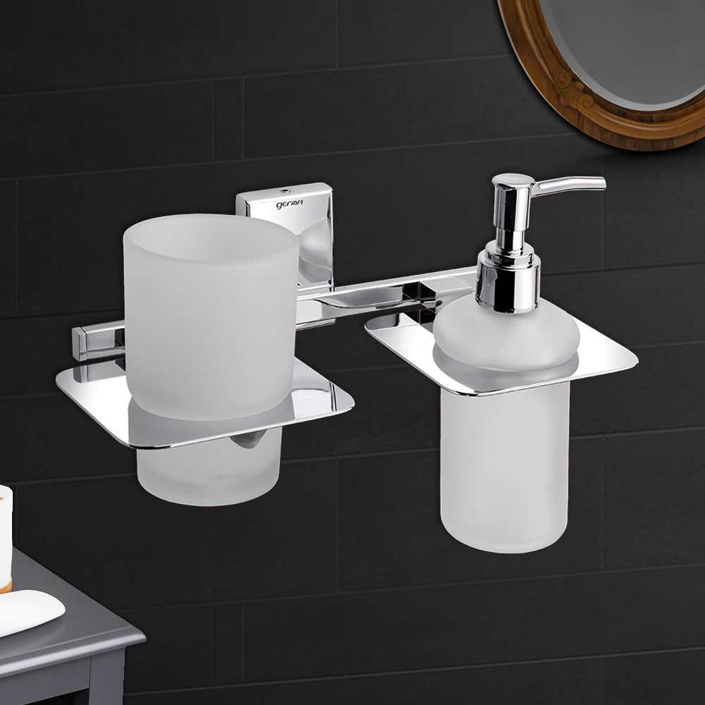 Germa Sanitarywares 304 Grade Stainless Steel Liquid Soap Dispenser with Tumbler Holder for Bathroom | 2 in 1 | Tooth Brush Holder | Shampoo Dispenser | Bathroom Accessories (Chrome) - TR 9115 Tumbler Holder + Liquid Soap Dispenser (Glass)