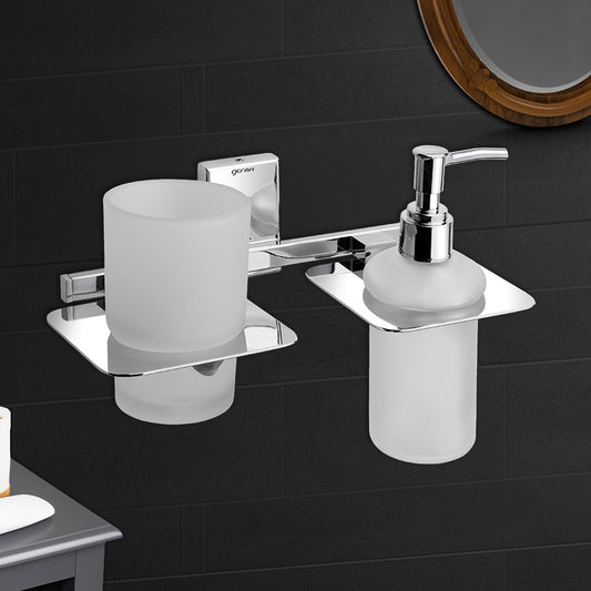 Germa Sanitarywares 304 Grade Stainless Steel Liquid Soap Dispenser with Tumbler Holder for Bathroom | 2 in 1 | Tooth Brush Holder | Shampoo Dispenser | Bathroom Accessories (Chrome) - TR 9115 Tumbler Holder + Liquid Soap Dispenser (Glass)