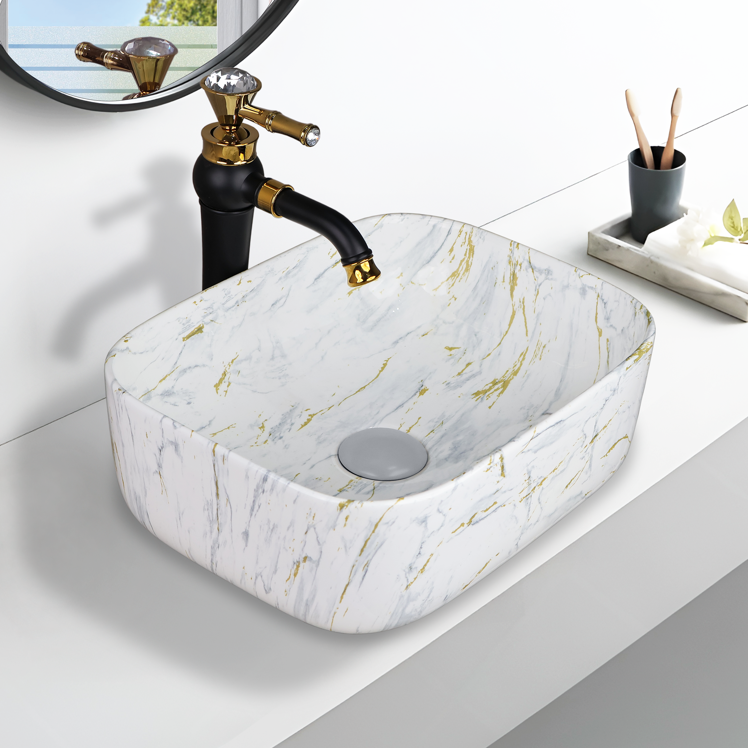 Designer Wash Basin For Bathroom | Ceramic Table Top Wash Basin | Counter Top Wash Basin For Restaurants, Home Living Room |41x31x14cm| Rectangle Shape