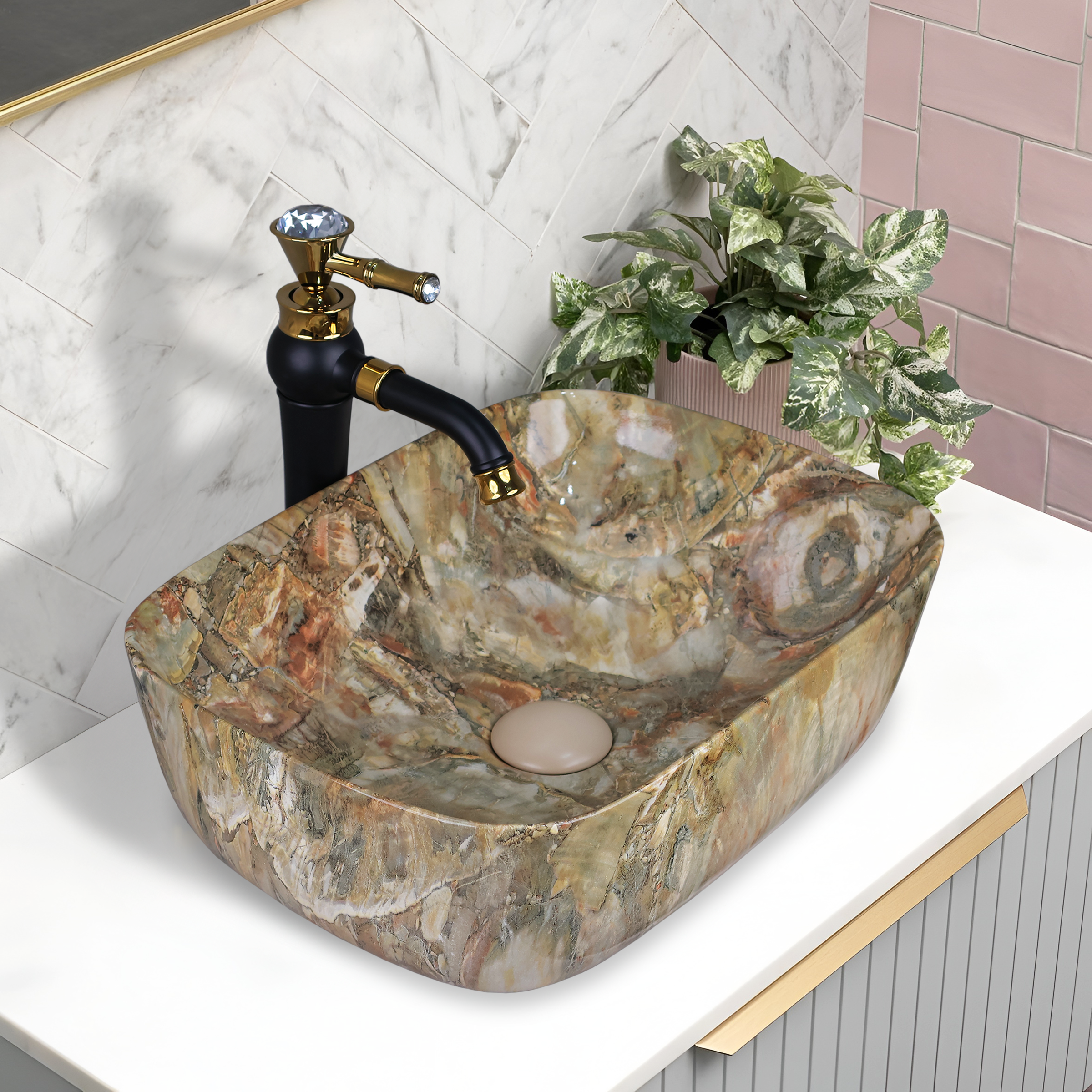 Germa Designer Wash Basin For Bathroom |Ceramic Table Top Wash Basin| Counter Top Basin For Restaurants,Living Room |45.5x32x14cm|Rectangle Shape