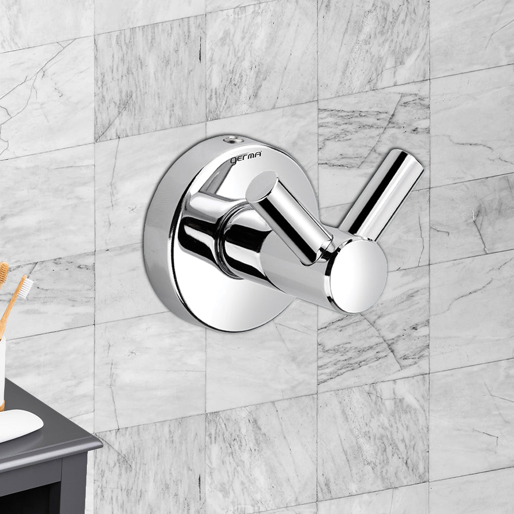 Germa Sanitarywares 304 Stainless Steel Robe Hook for Bathroom | Double Side Cloth Hook Stand Holder| Cloth and Towel Hanger | Robe Hook | Bathroom Accessories (Chrome) - TR 9127 Robe Hook