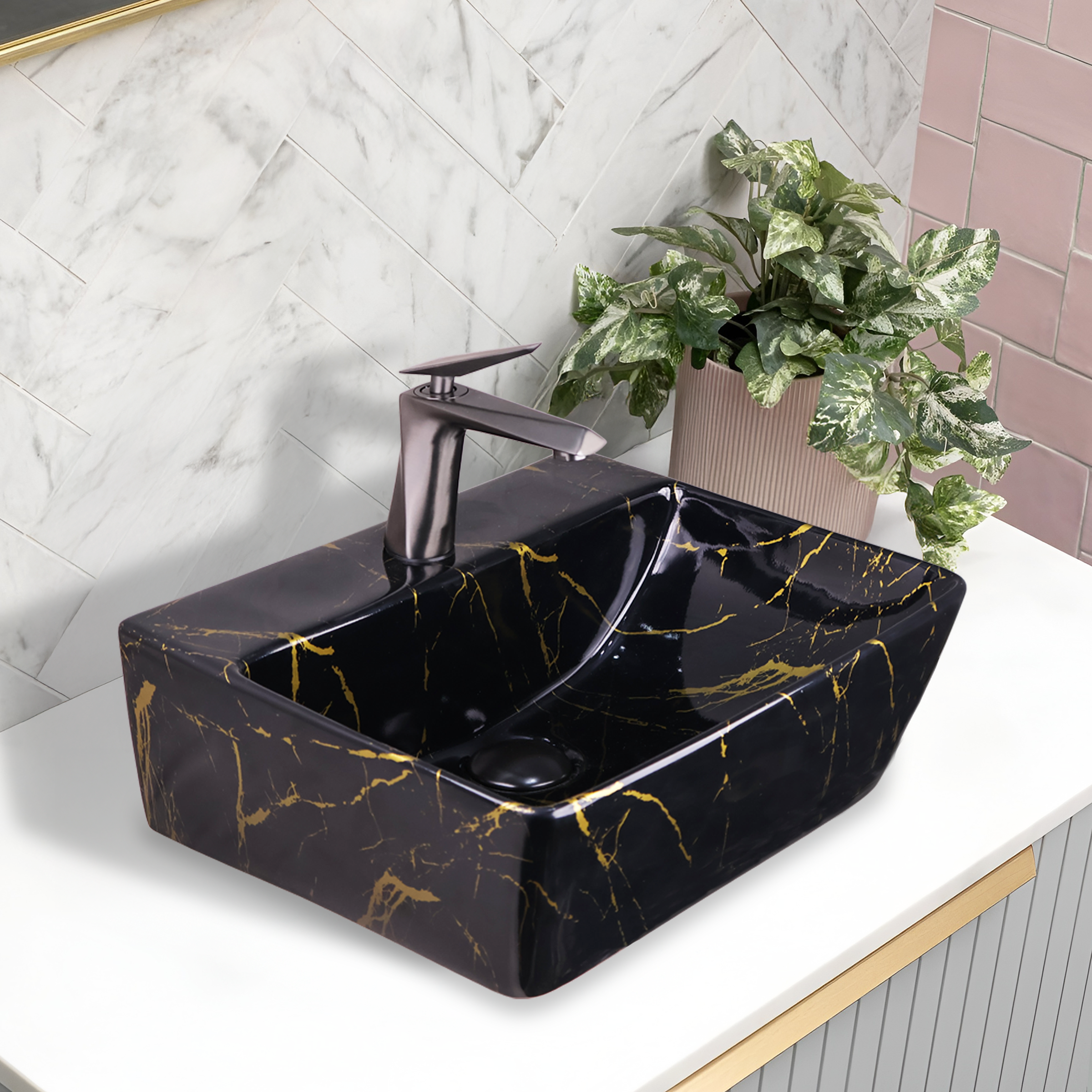 Germa Designer Wash Basin For Bathroom | Ceramic Table Top Wash Basin | Counter Top Wash Basin For Restaurants, Home Living Room |46x36x16cm| Rectangle Shape