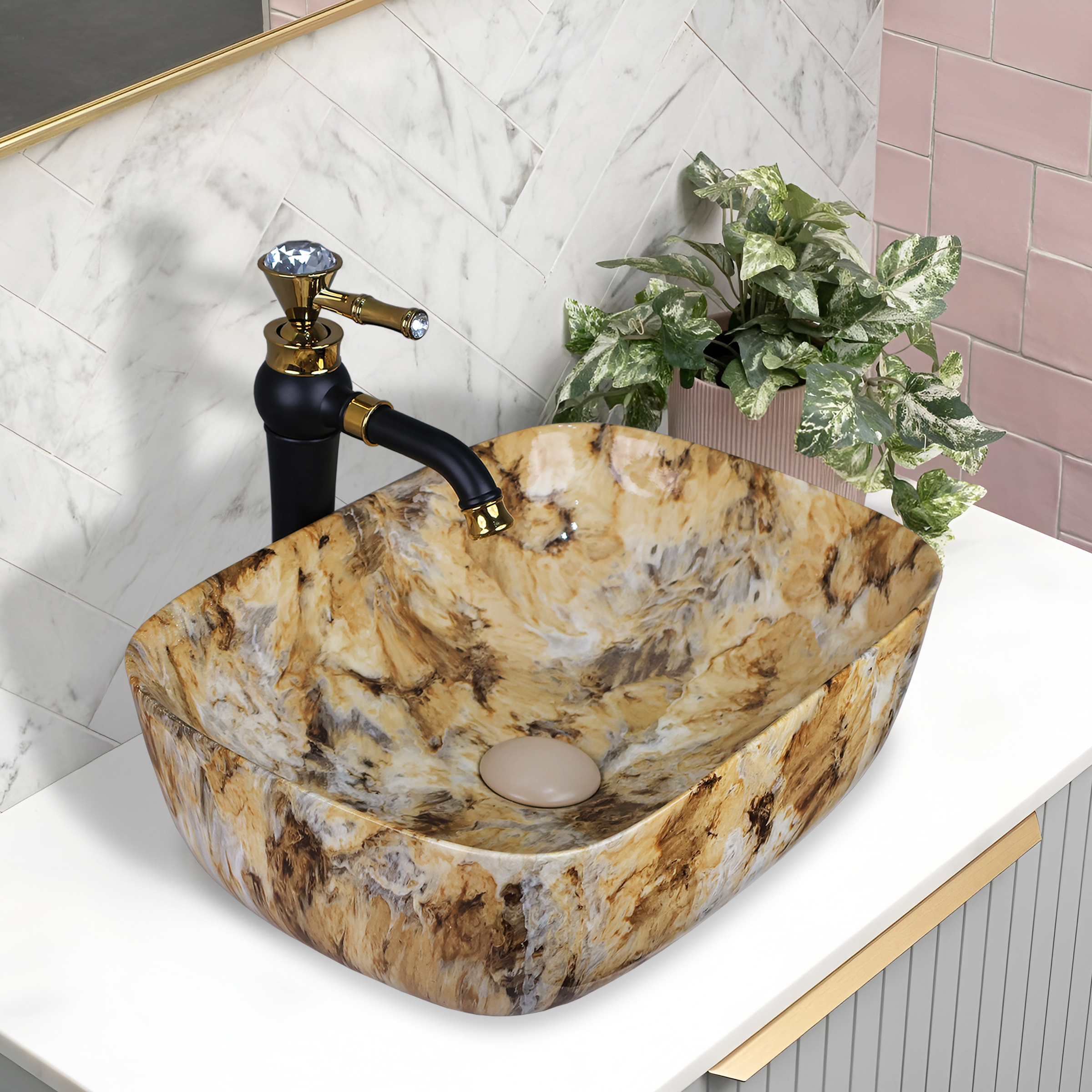 Germa Designer Wash Basin For Bathroom |Ceramic Table Top Wash Basin| Counter Top Basin For Restaurants,Living Room |45.5x32x14cm|Rectangle Shape