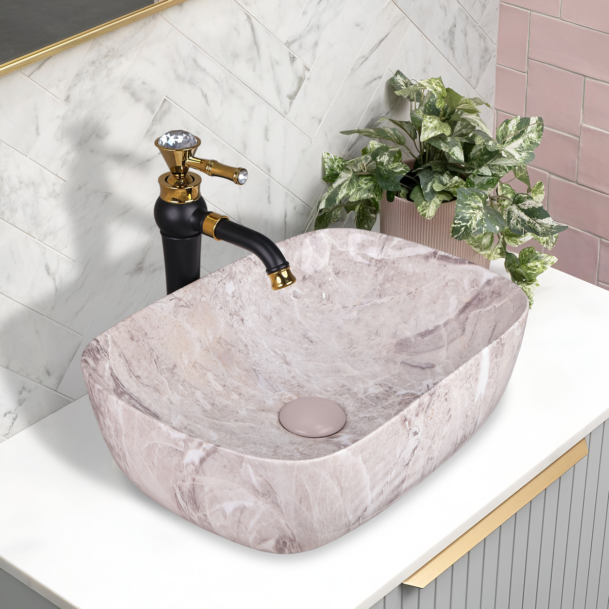 Germa Designer Wash Basin For Bathroom |Ceramic Table Top Wash Basin| Counter Top Basin For Restaurants,Living Room |45.5x32x14cm|Rectangle Shape