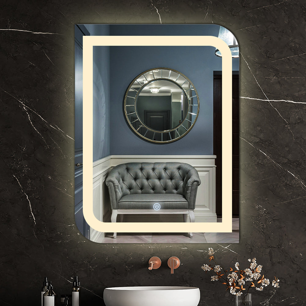 Germa One Side Curve Edge LED Mirror for Bathroom with 3Lights Color Tone and Touch Sensor/Designer Mirror for Living&Bed Room/Dimmable and Memory Function - Rectangle(18x24Inch) - TR LED 7557