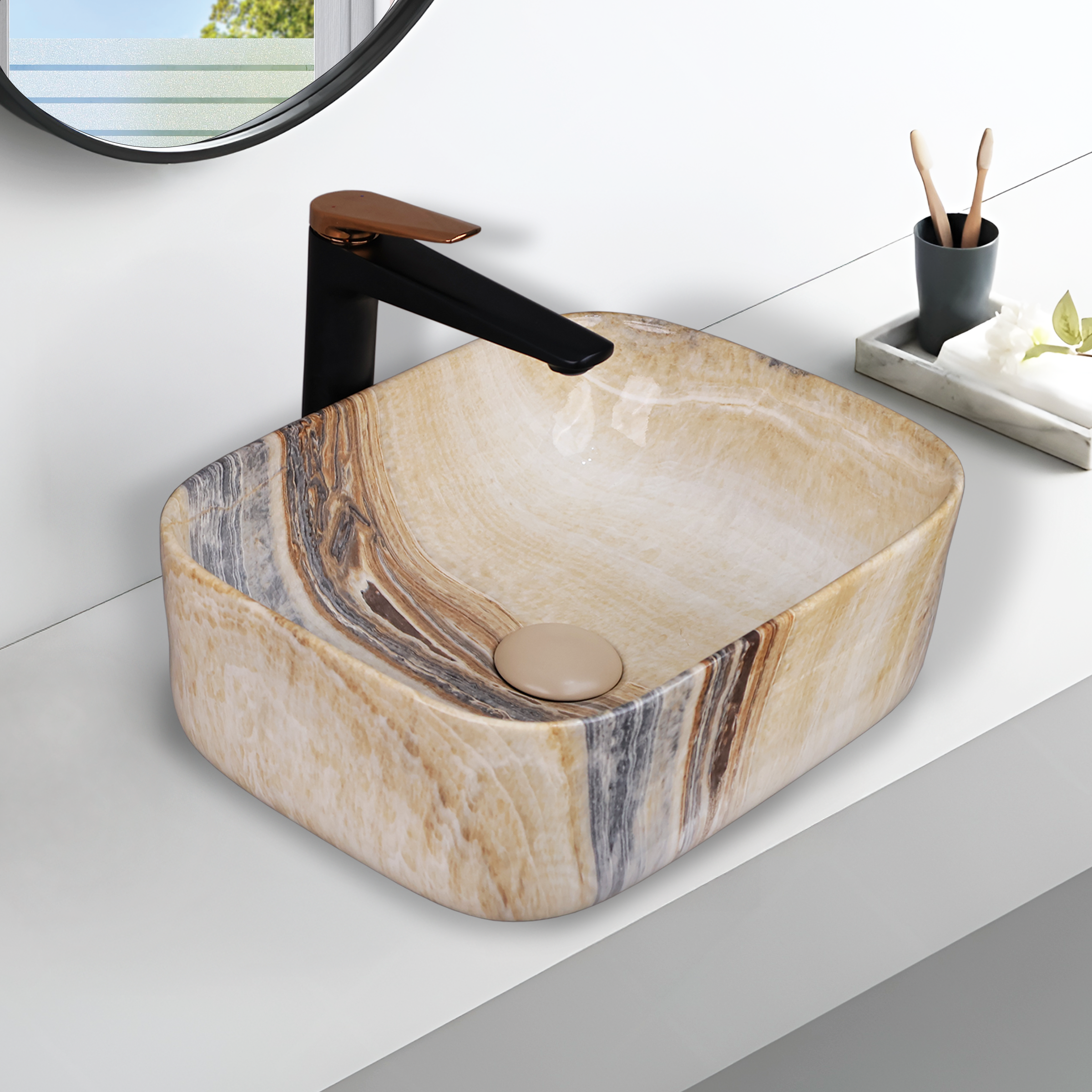 Designer Wash Basin For Bathroom | Ceramic Table Top Wash Basin | Counter Top Wash Basin For Restaurants, Home Living Room |41x31x14cm| Rectangle Shape