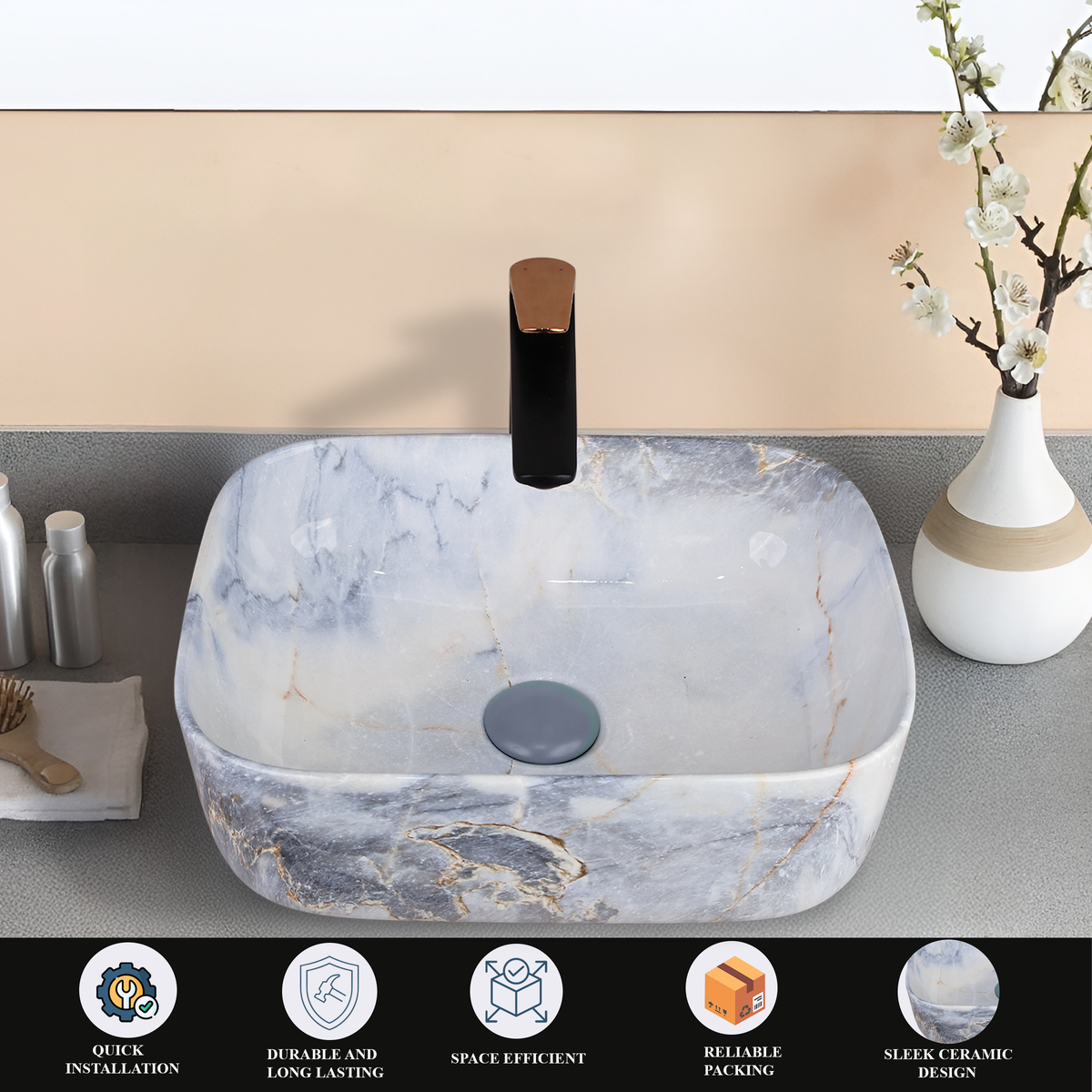Designer Wash Basin For Bathroom | Ceramic Table Top Wash Basin | Counter Top Wash Basin For Restaurants, Home Living Room |41x31x14cm| Rectangle Shape