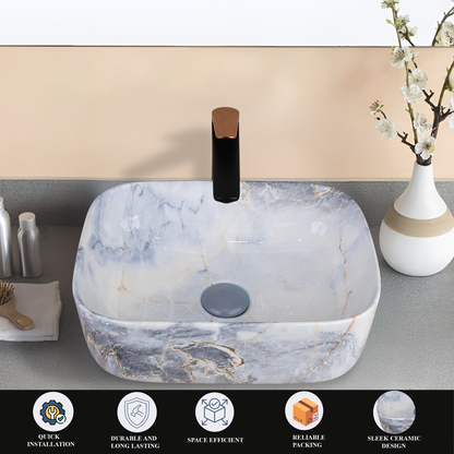 Designer Wash Basin For Bathroom | Ceramic Table Top Wash Basin | Counter Top Wash Basin For Restaurants, Home Living Room |41x31x14cm| Rectangle Shape