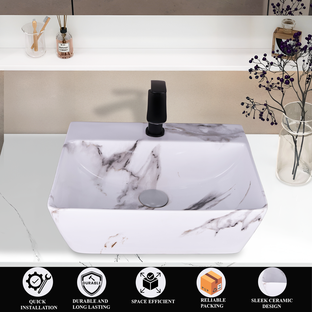 Germa Designer Wash Basin For Bathroom | Ceramic Table Top Wash Basin | Counter Top Wash Basin For Restaurants, Home Living Room |46x36x16cm| Rectangle Shape