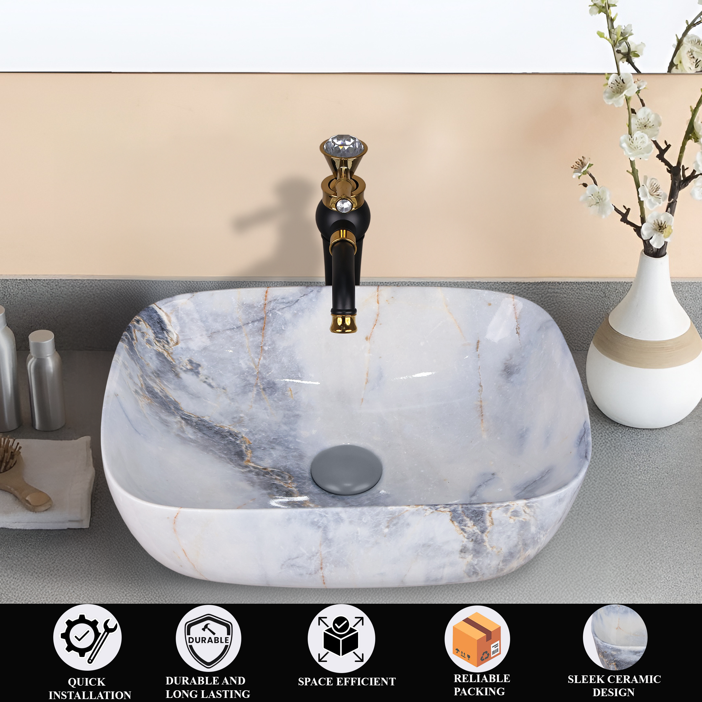 Germa Designer Wash Basin For Bathroom |Ceramic Table Top Wash Basin| Counter Top Basin For Restaurants,Living Room |45.5x32x14cm|Rectangle Shape