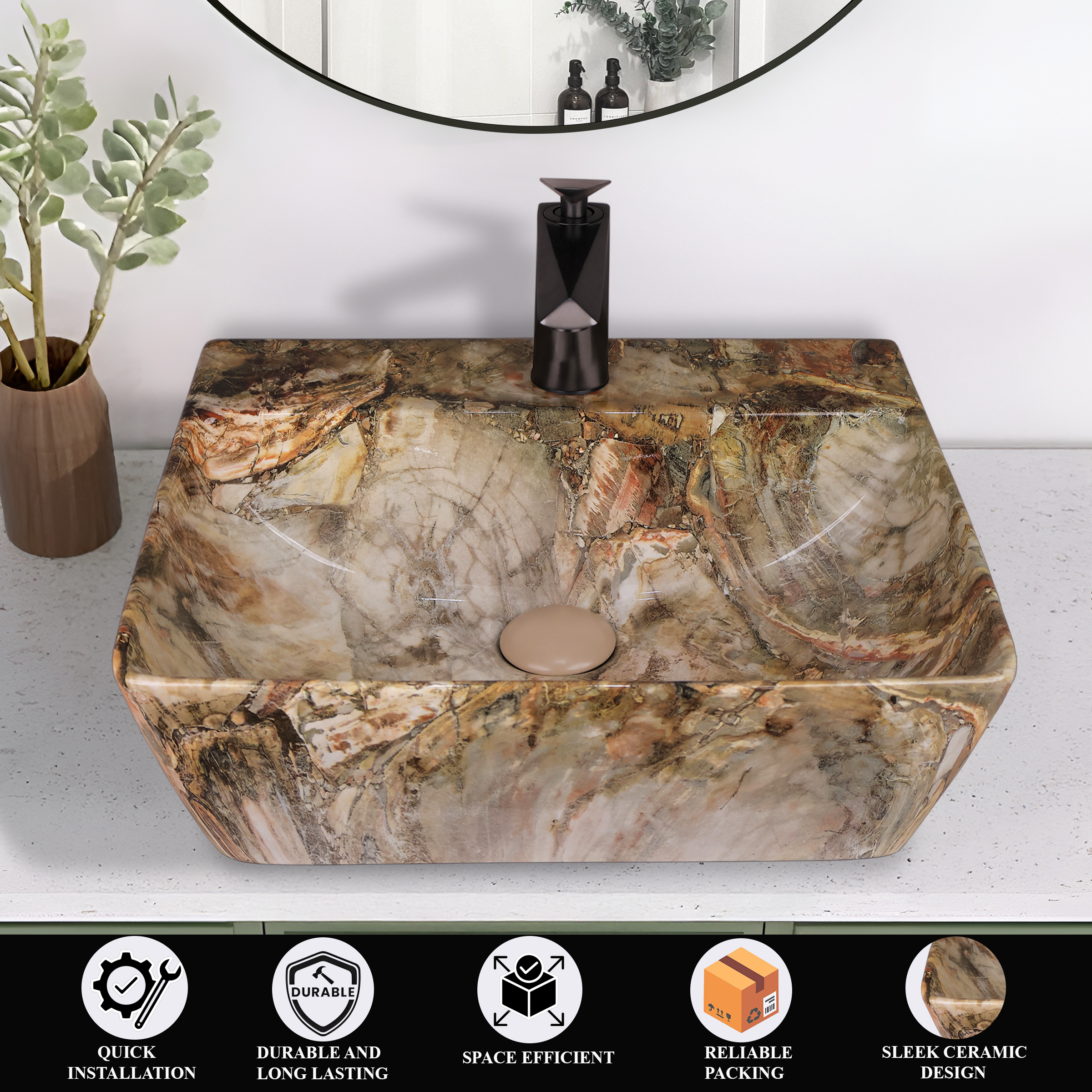 Germa Designer Wash Basin For Bathroom | Ceramic Table Top Wash Basin | Counter Top Wash Basin For Restaurants, Home Living Room |46x36x16cm| Rectangle Shape