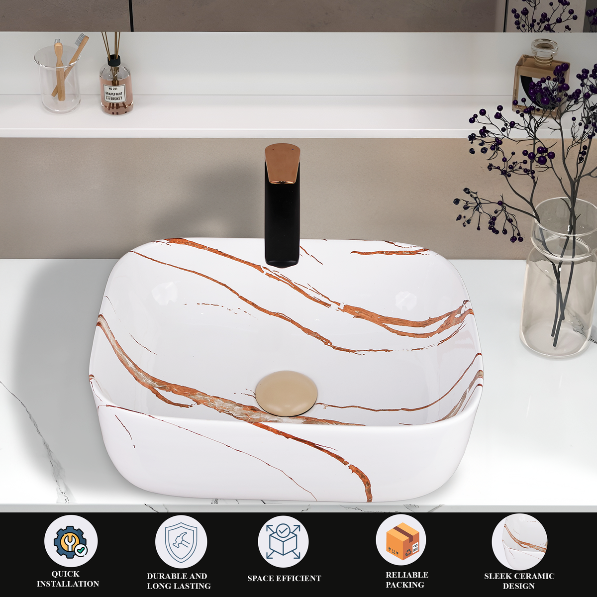 Designer Wash Basin For Bathroom | Ceramic Table Top Wash Basin | Counter Top Wash Basin For Restaurants, Home Living Room |41x31x14cm| Rectangle Shape