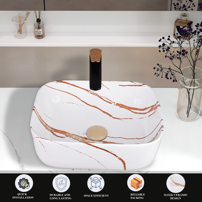 Designer Wash Basin For Bathroom | Ceramic Table Top Wash Basin | Counter Top Wash Basin For Restaurants, Home Living Room |41x31x14cm| Rectangle Shape
