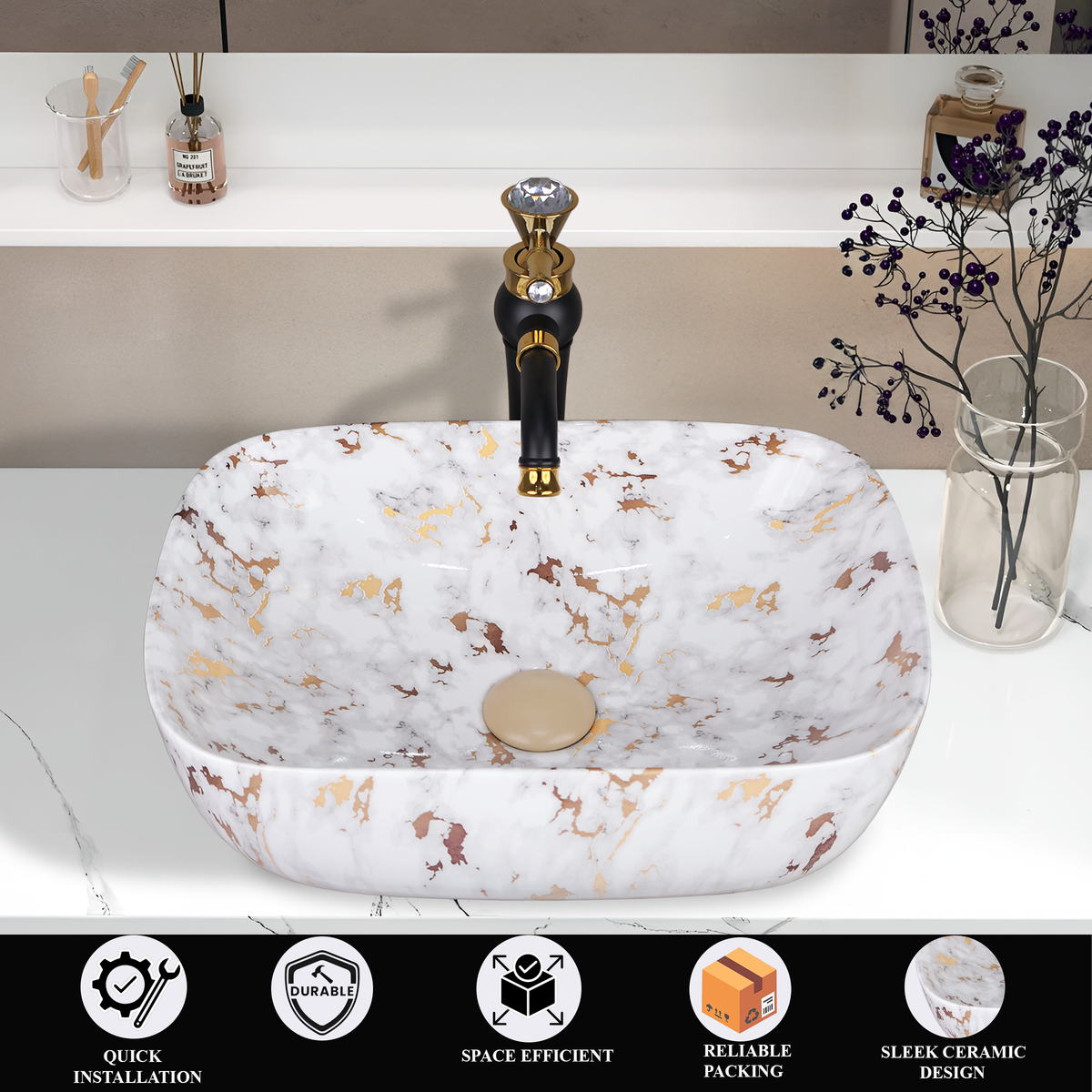 Germa Designer Wash Basin For Bathroom |Ceramic Table Top Wash Basin| Counter Top Basin For Restaurants,Living Room |45.5x32x14cm|Rectangle Shape