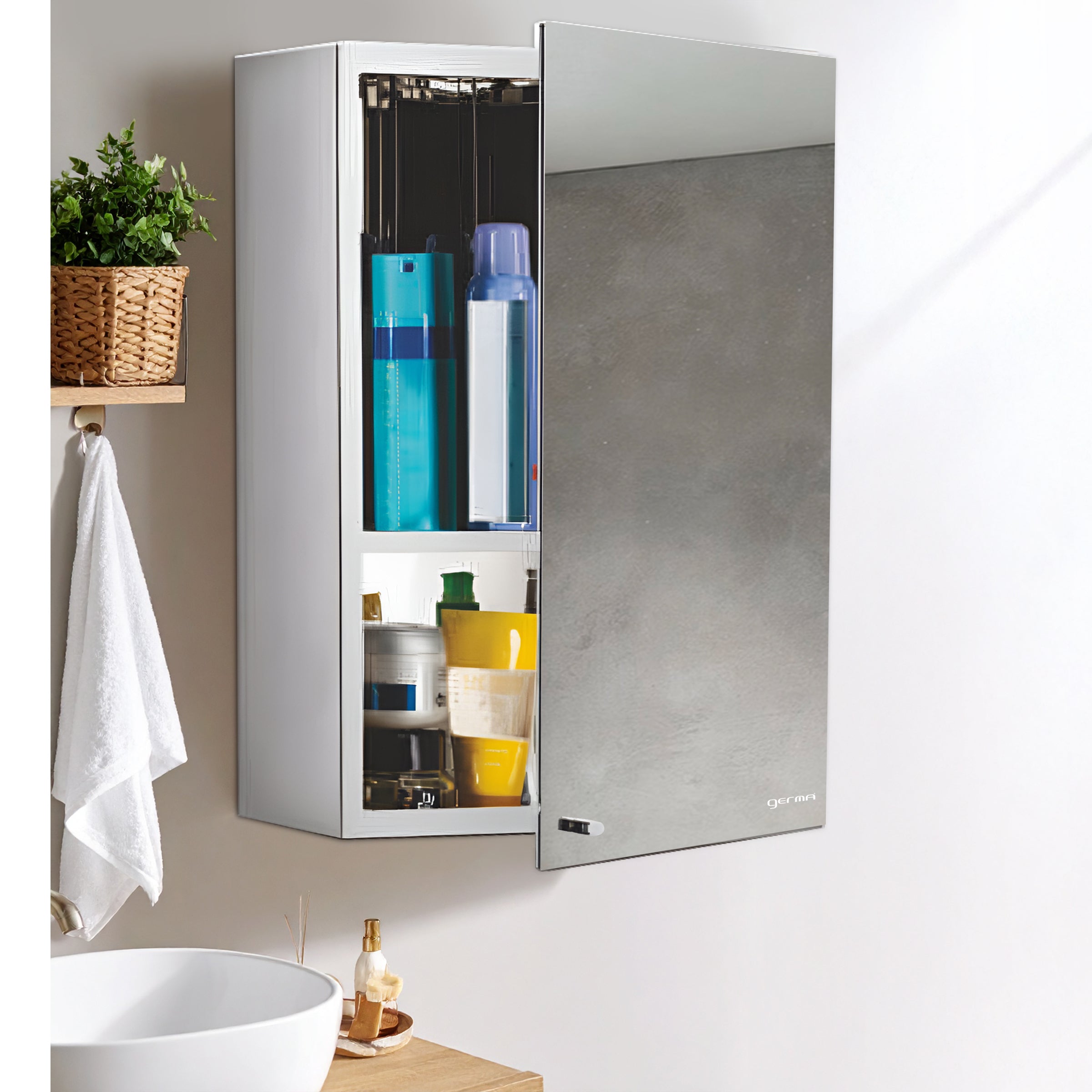 Germa Sanitaryware Premium 304 Grade Stainless Steel Bathroom Mirror Cabinet with Storage | Sleek Wall-Mounted Medicine Mirror Cabinet | Shelf with Mirror | Bathroom Organiser Chrome (12x18 Inch)