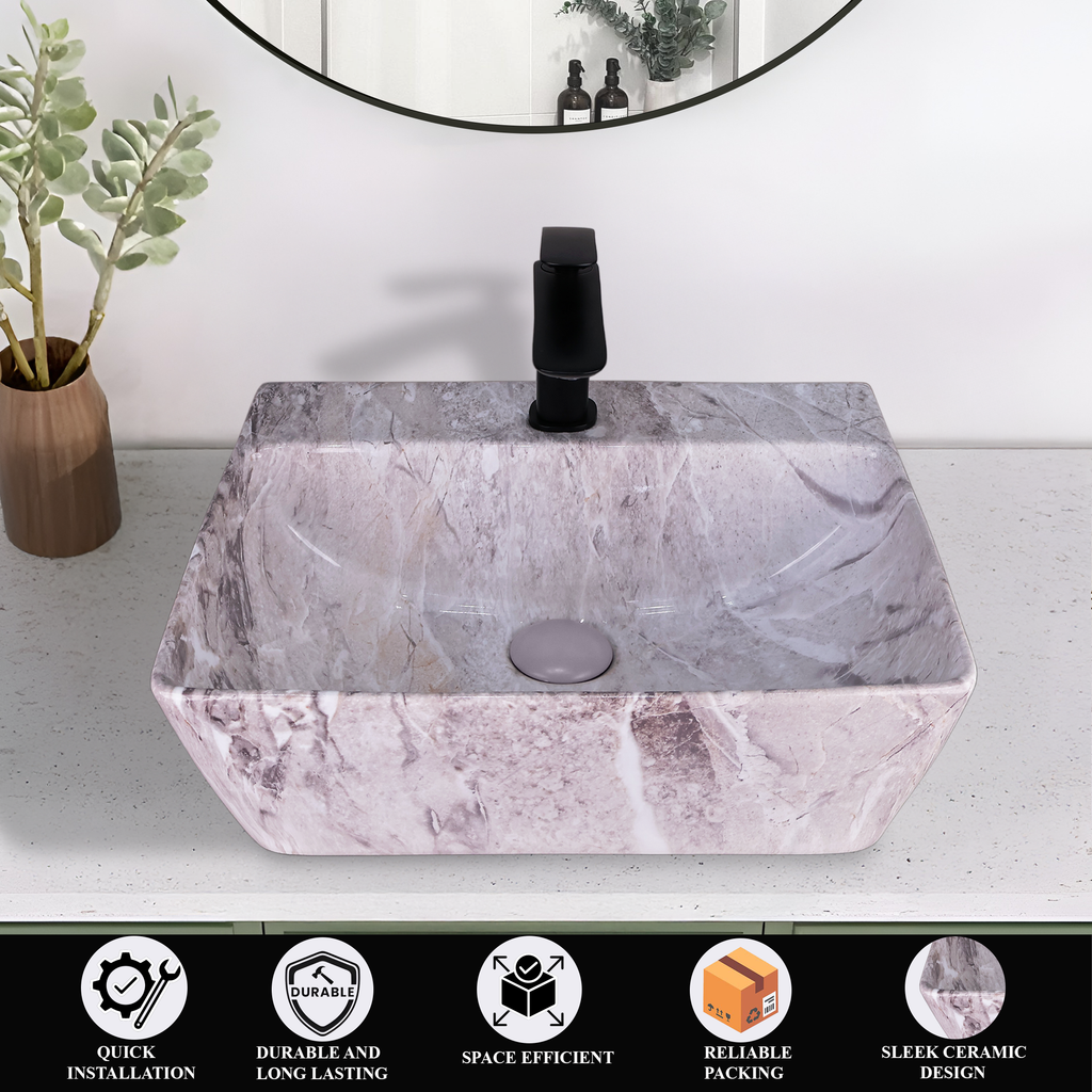 Germa Designer Wash Basin For Bathroom | Ceramic Table Top Wash Basin | Counter Top Wash Basin For Restaurants, Home Living Room |46x36x16cm| Rectangle Shape
