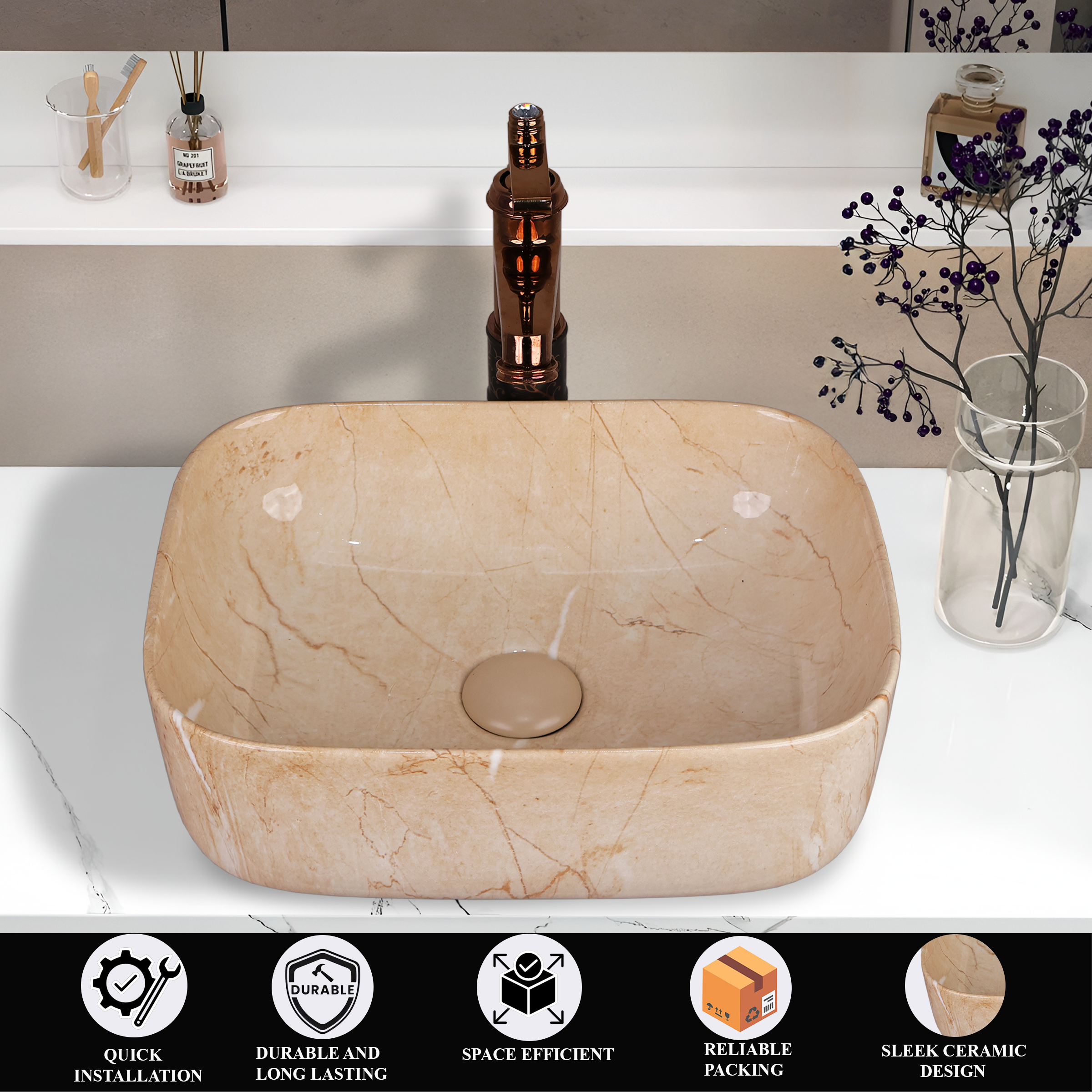 Designer Wash Basin For Bathroom | Ceramic Table Top Wash Basin | Counter Top Wash Basin For Restaurants, Home Living Room |41x31x14cm| Rectangle Shape